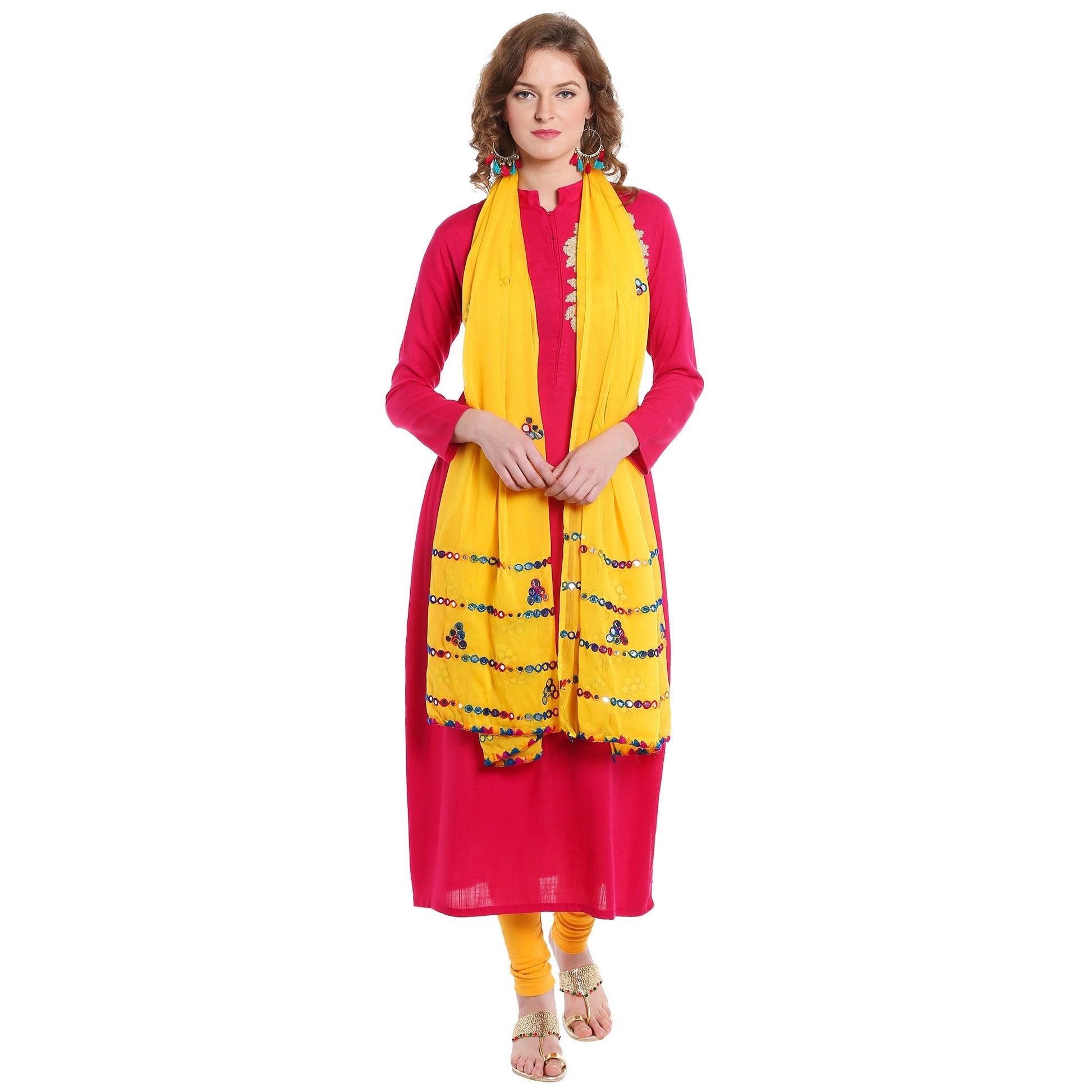 Dupatta Bazaar Women's Yellow Mirror Work Chiffon Dupatta - Dupatta Bazaar