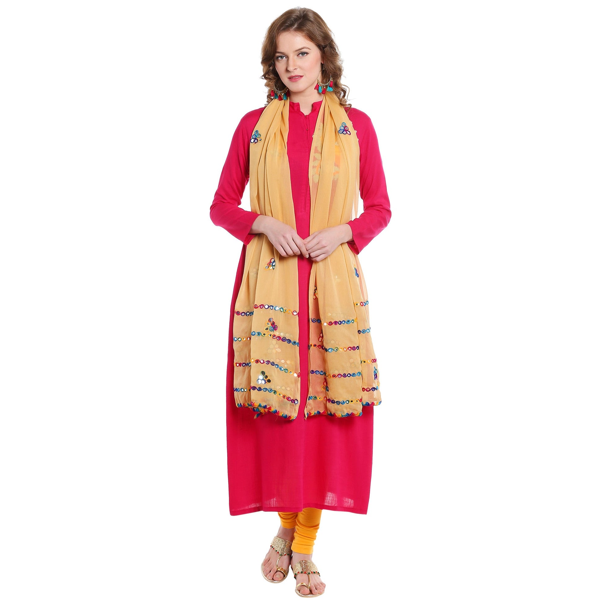 Dupatta Bazaar Women's Beige Mirror Work Chiffon Dupatta - Dupatta Bazaar