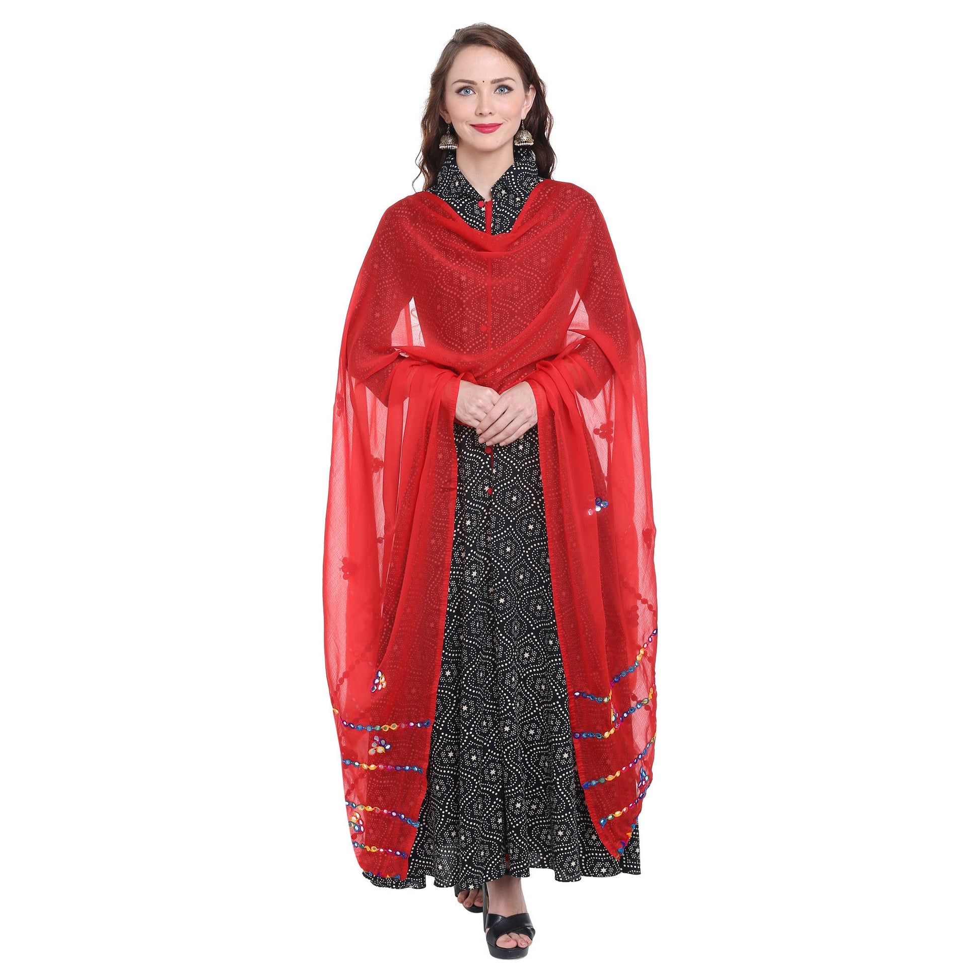 Dupatta Bazaar Women's Red Mirror Work Chiffon Dupatta - Dupatta Bazaar
