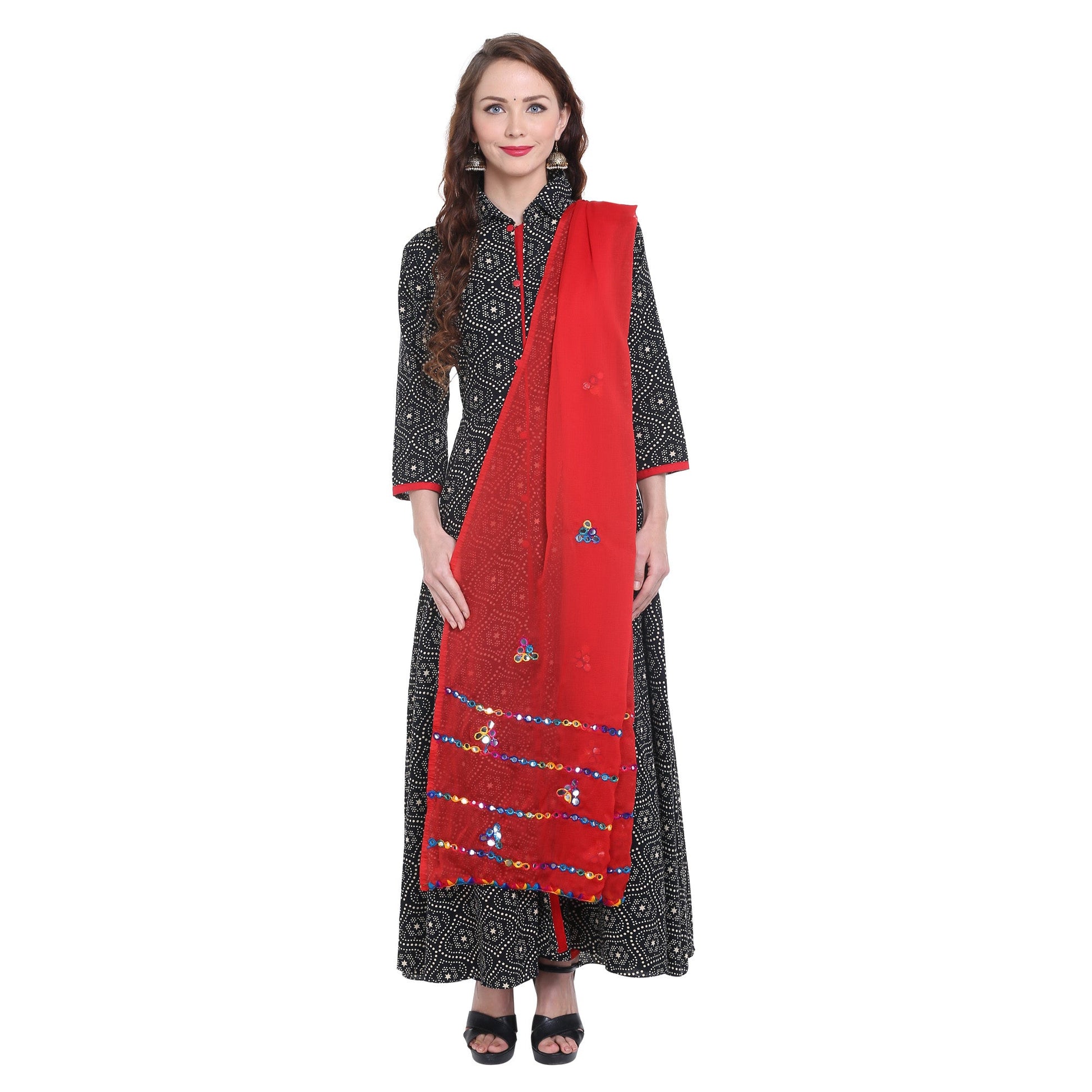 Dupatta Bazaar Women's Red Mirror Work Chiffon Dupatta - Dupatta Bazaar