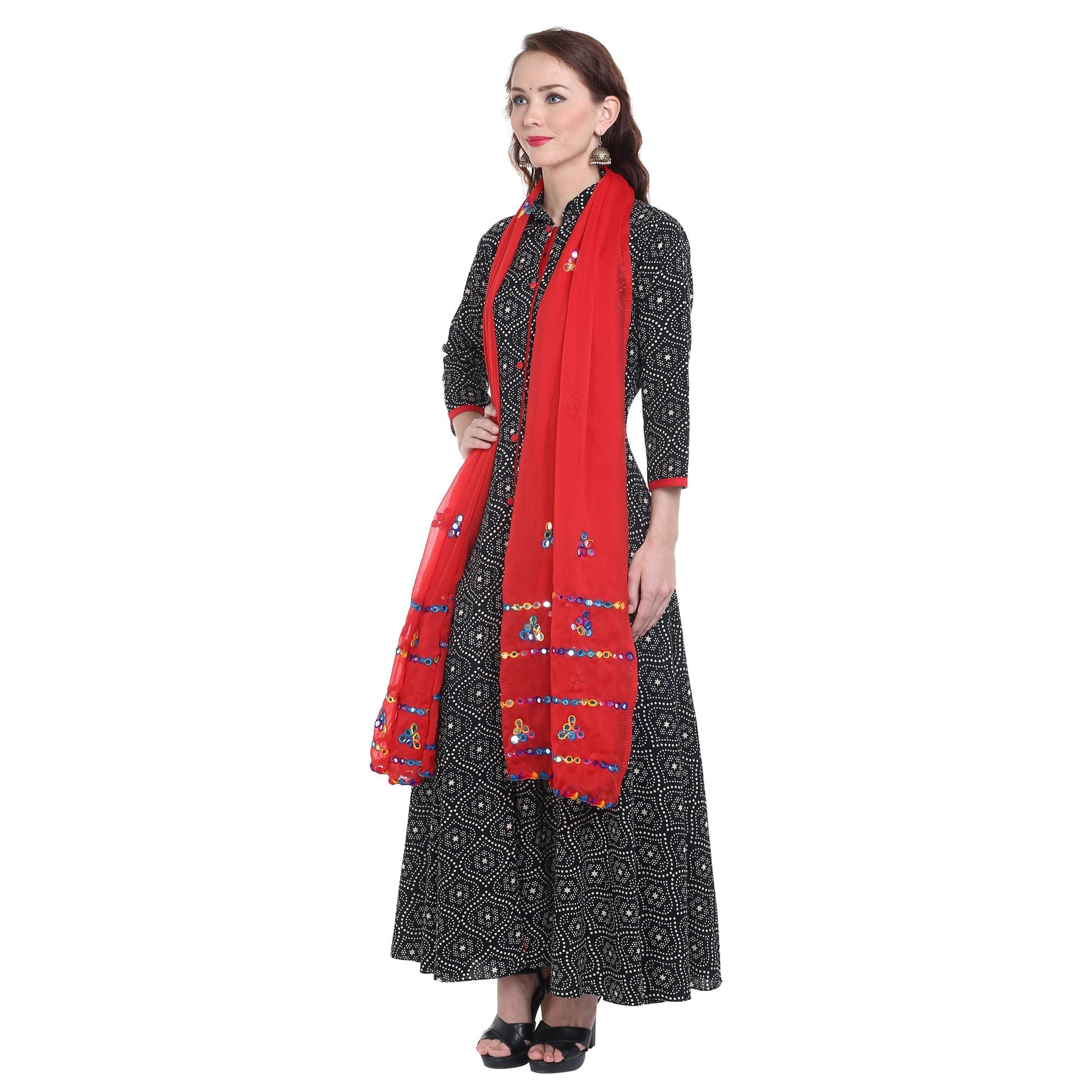 Dupatta Bazaar Women's Red Mirror Work Chiffon Dupatta - Dupatta Bazaar