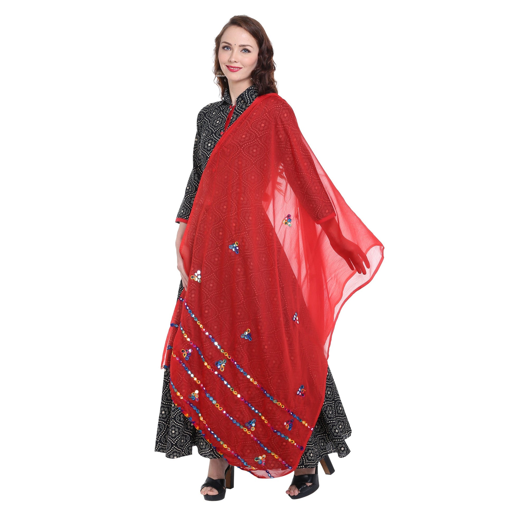Dupatta Bazaar Women's Red Mirror Work Chiffon Dupatta - Dupatta Bazaar