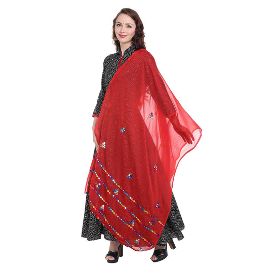 Dupatta Bazaar Women's Red Mirror Work Chiffon Dupatta - Dupatta Bazaar