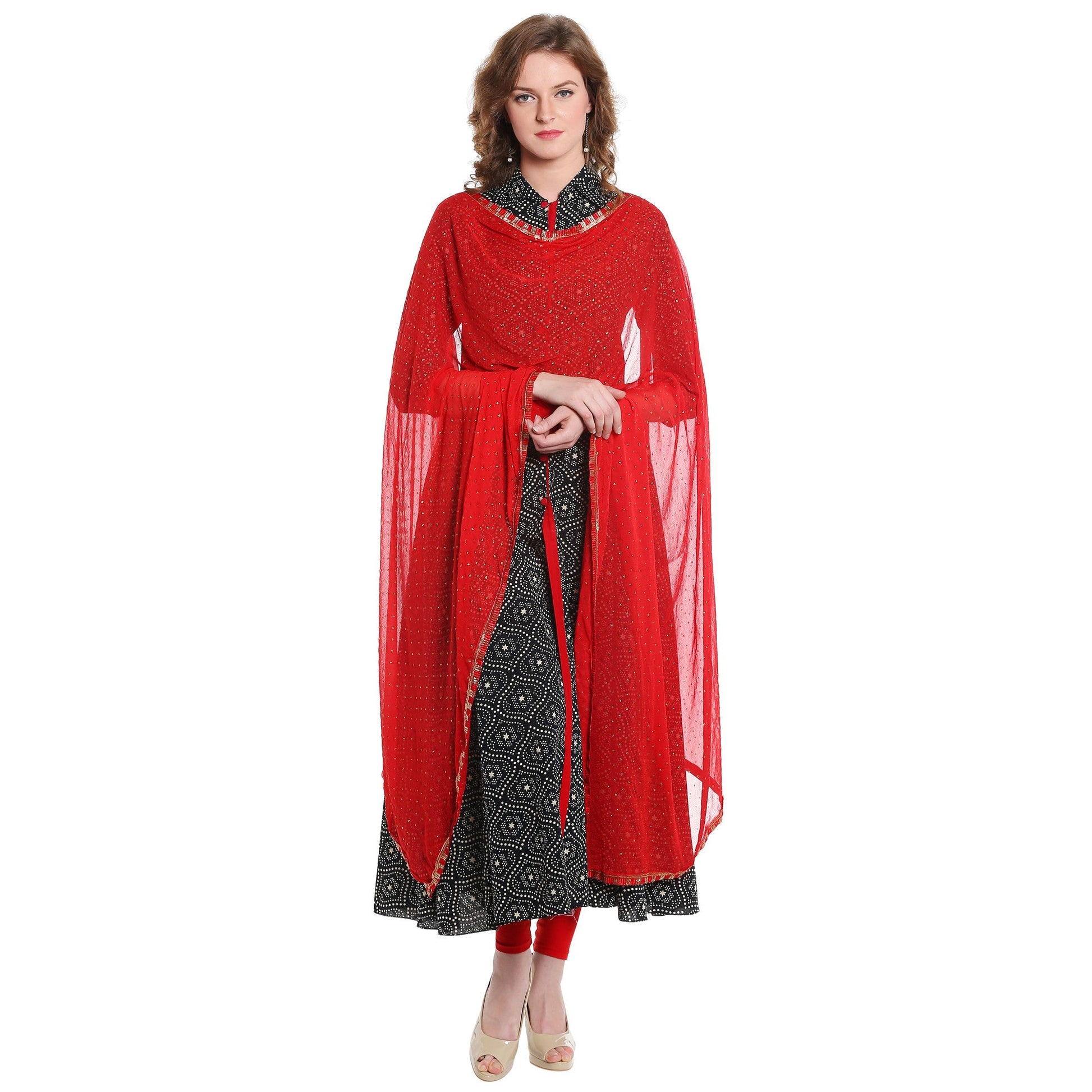 Dupatta Bazaar Women's Red Chiffon Dupatta with Gold Print - Dupatta Bazaar