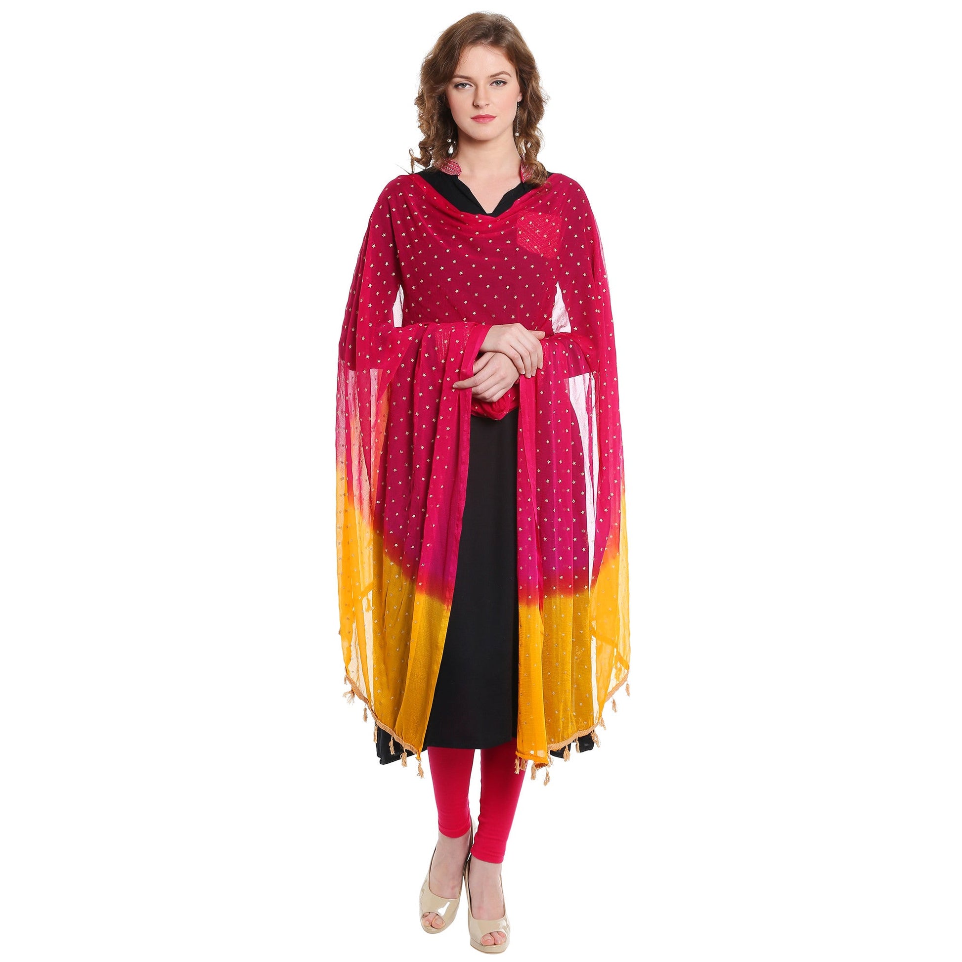 Dupatta Bazaar Women's Gold Print Rani & Yellow Chiffon Dupatta - Dupatta Bazaar