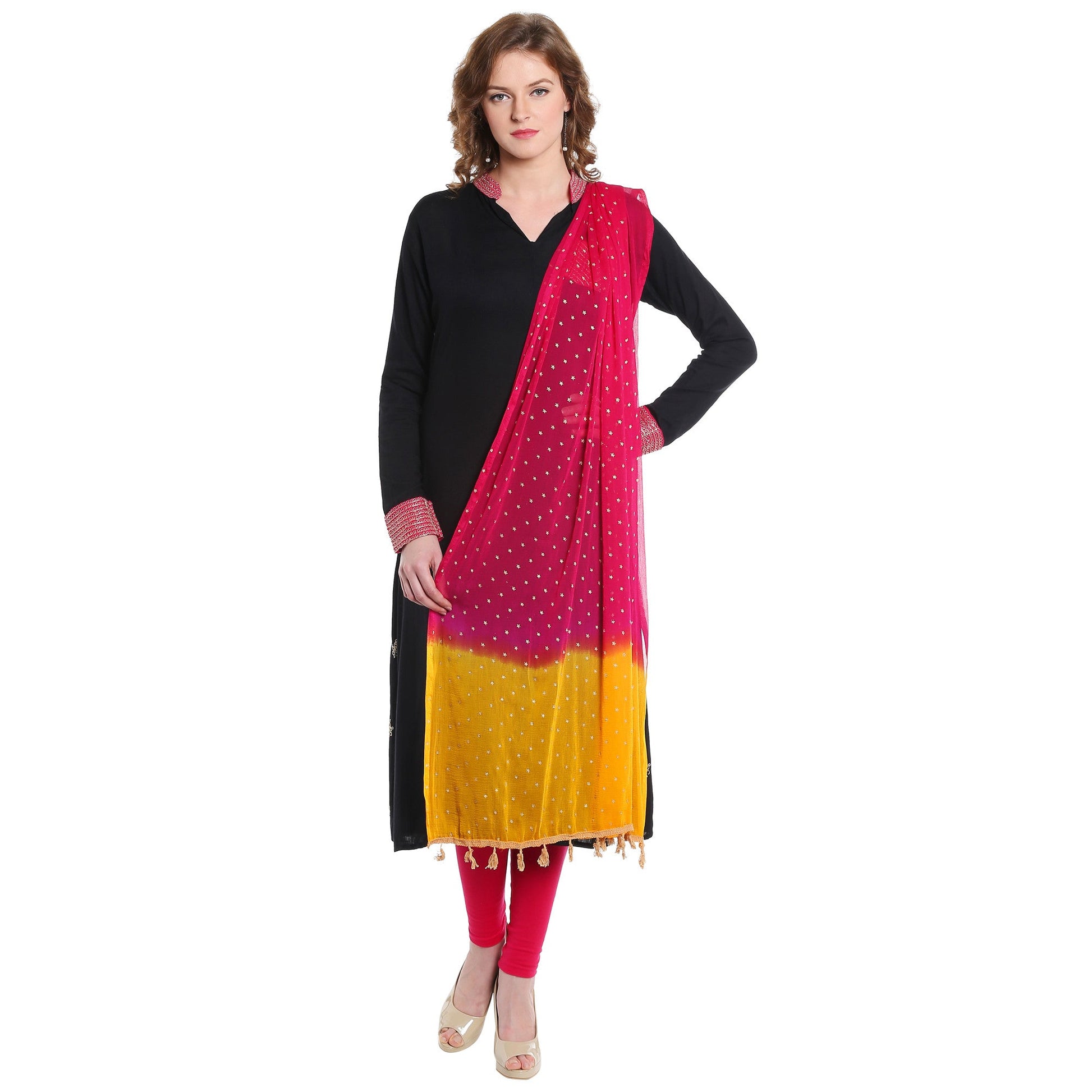 Dupatta Bazaar Women's Gold Print Rani & Yellow Chiffon Dupatta - Dupatta Bazaar