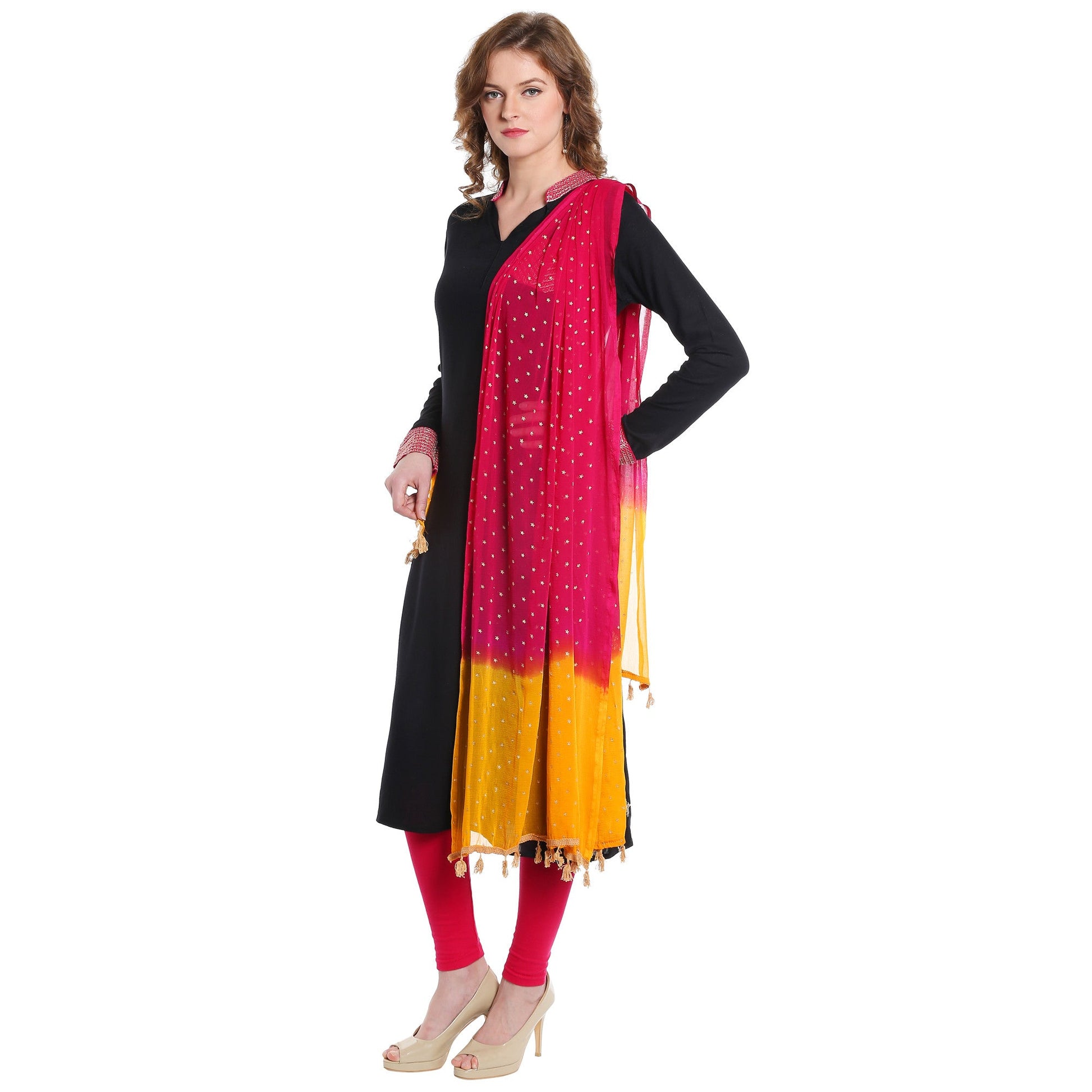 Dupatta Bazaar Women's Gold Print Rani & Yellow Chiffon Dupatta - Dupatta Bazaar