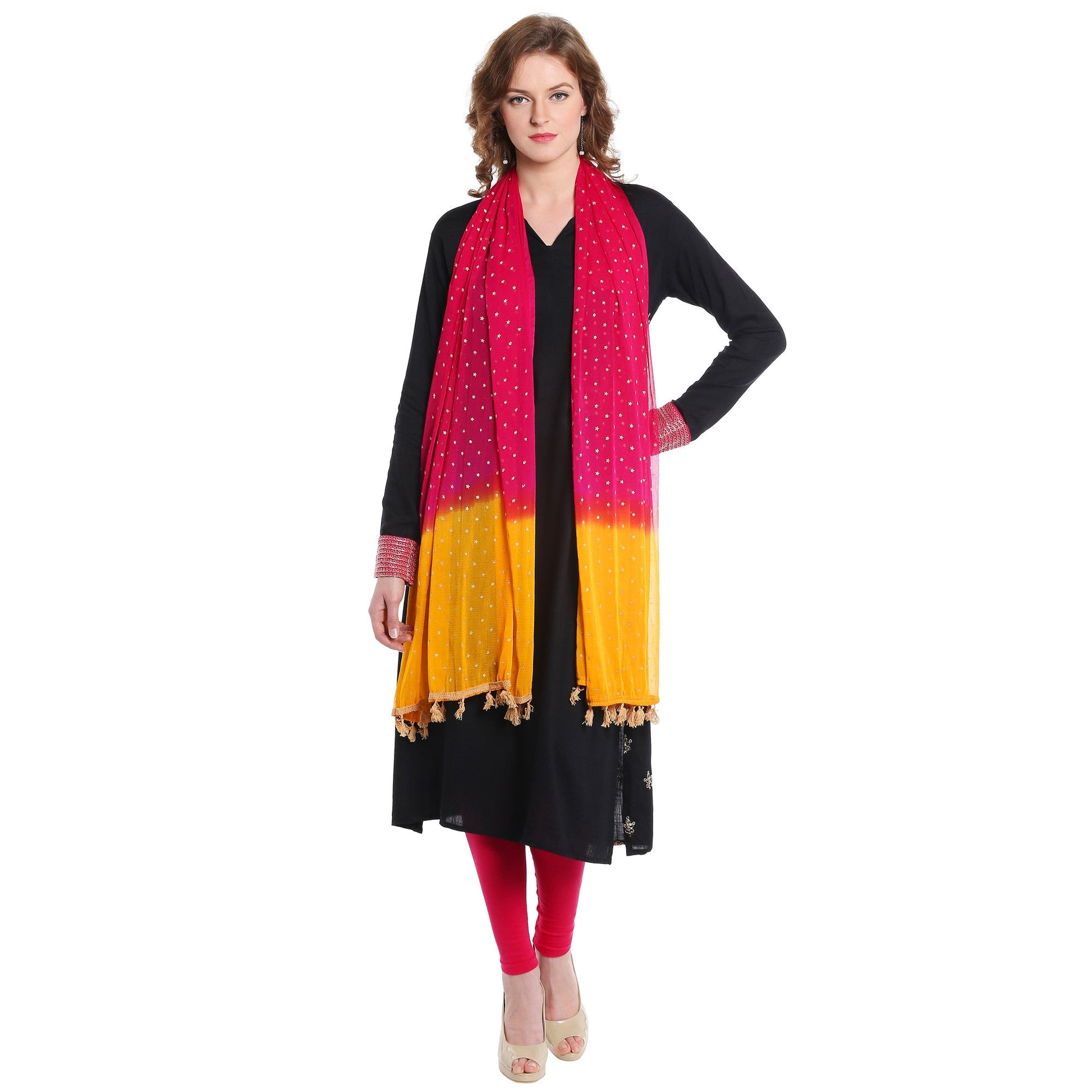 Dupatta Bazaar Women's Gold Print Rani & Yellow Chiffon Dupatta - Dupatta Bazaar