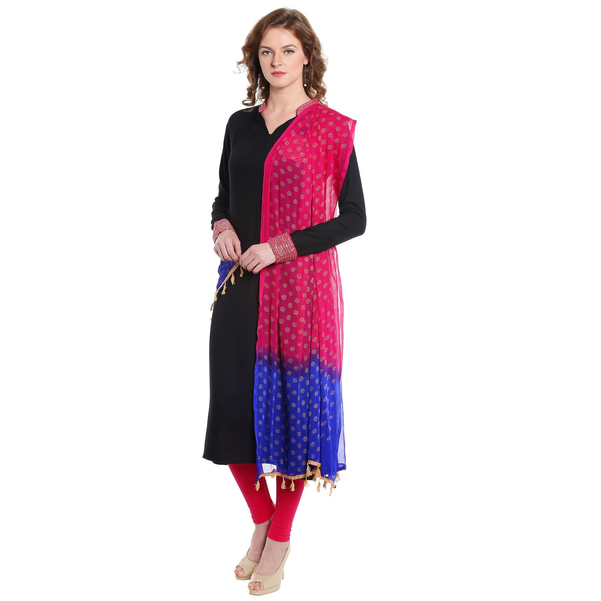 Dupatta Bazaar Women's Pink & Blue Chiffon Dupatta with Gold Print - Dupatta Bazaar