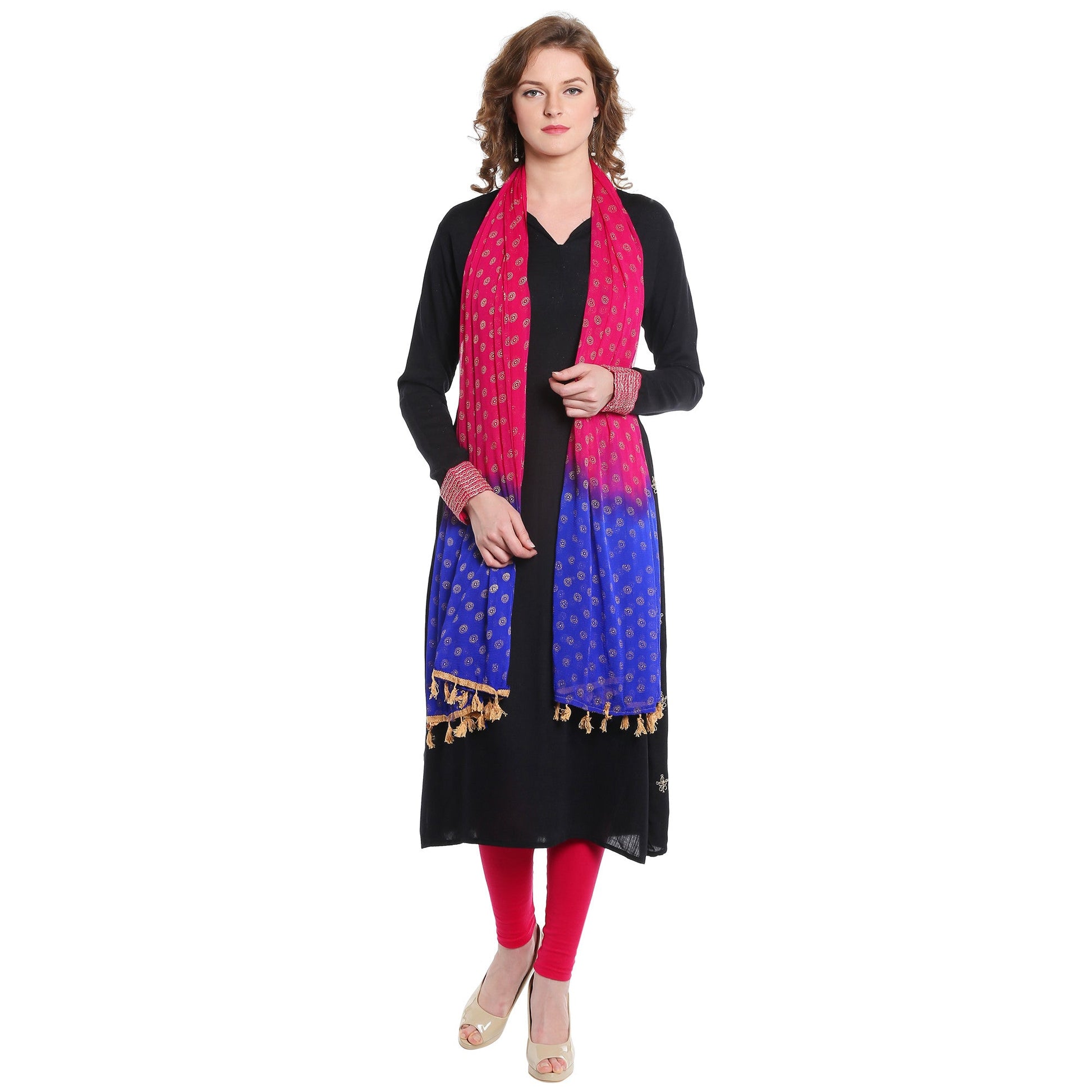 Dupatta Bazaar Women's Pink & Blue Chiffon Dupatta with Gold Print - Dupatta Bazaar