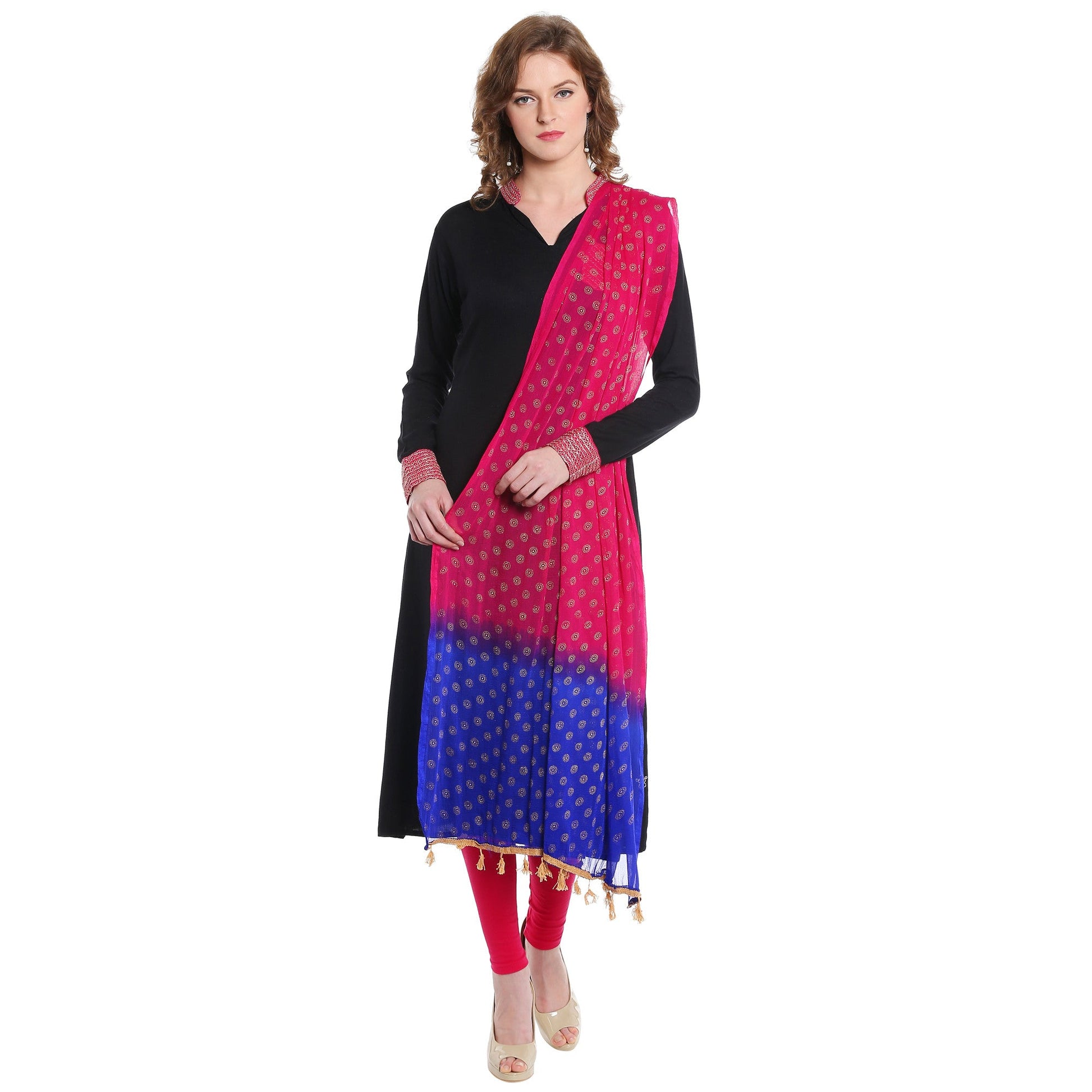Dupatta Bazaar Women's Pink & Blue Chiffon Dupatta with Gold Print - Dupatta Bazaar