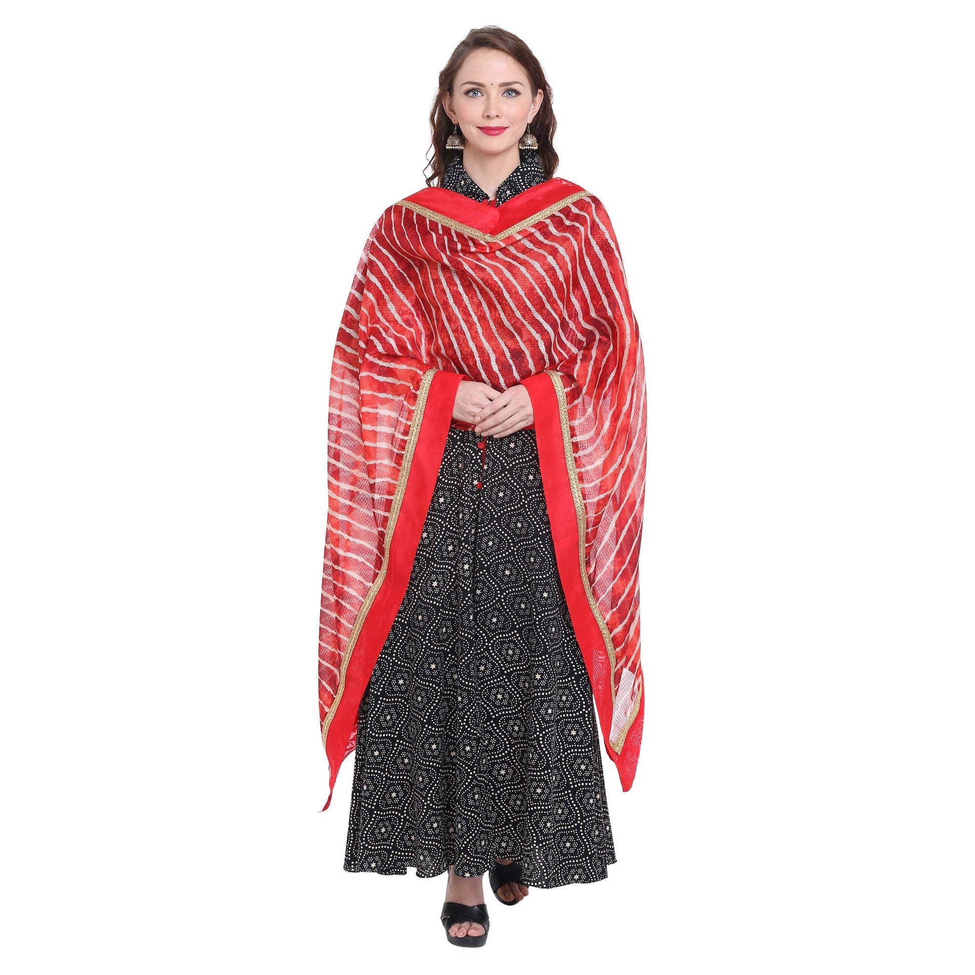 Red Kota Doria Leharia Dupatta - Dupatta Bazaar