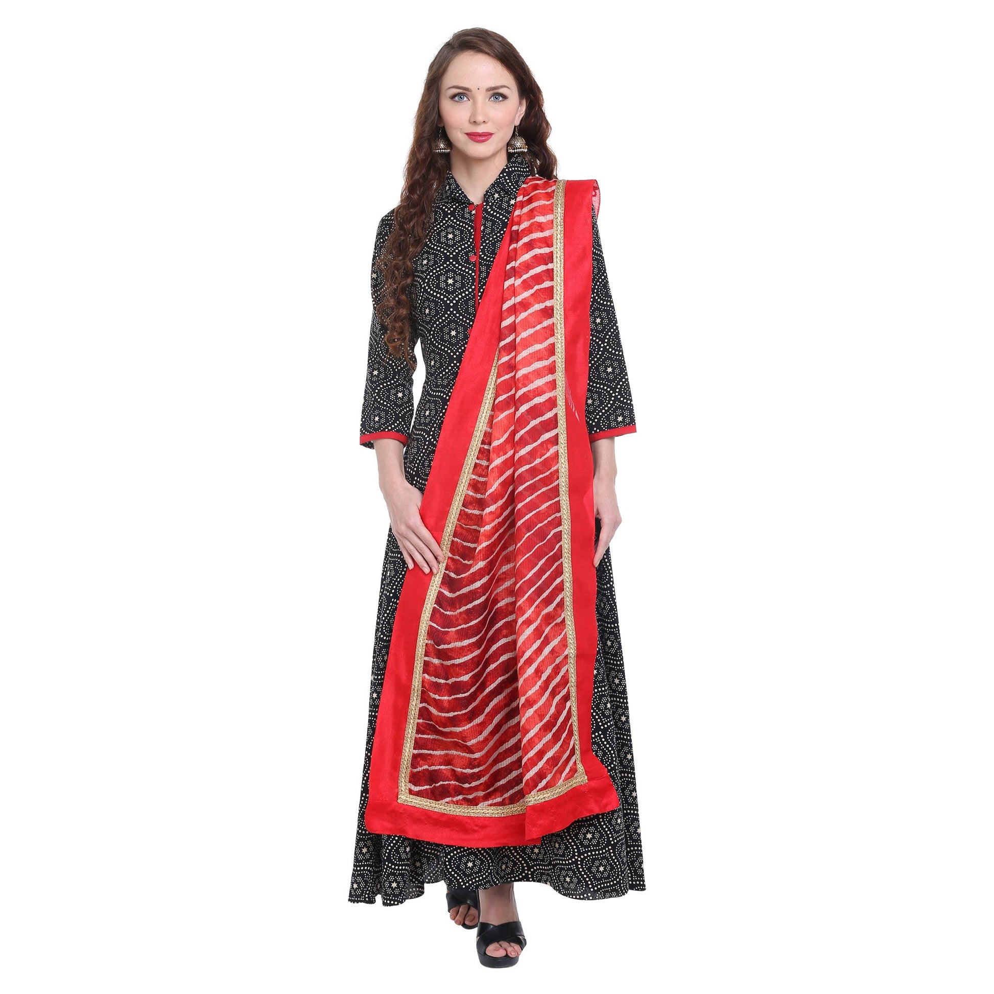 Red Kota Doria Leharia Dupatta - Dupatta Bazaar