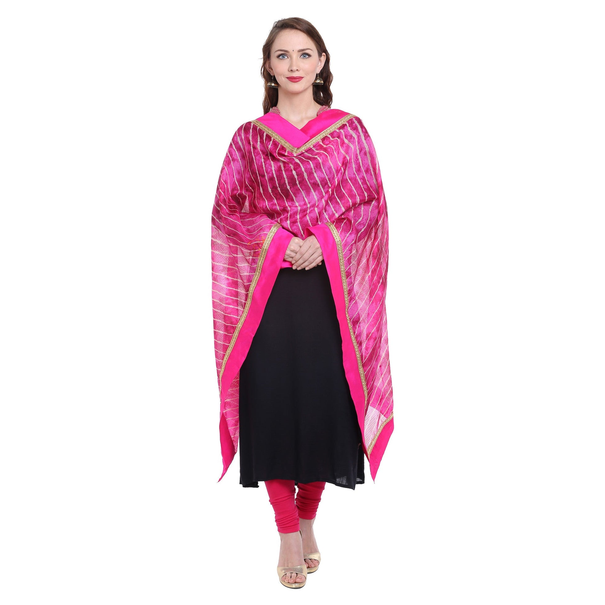 Pink Kota Doria Leheria Dupatta - Dupatta Bazaar