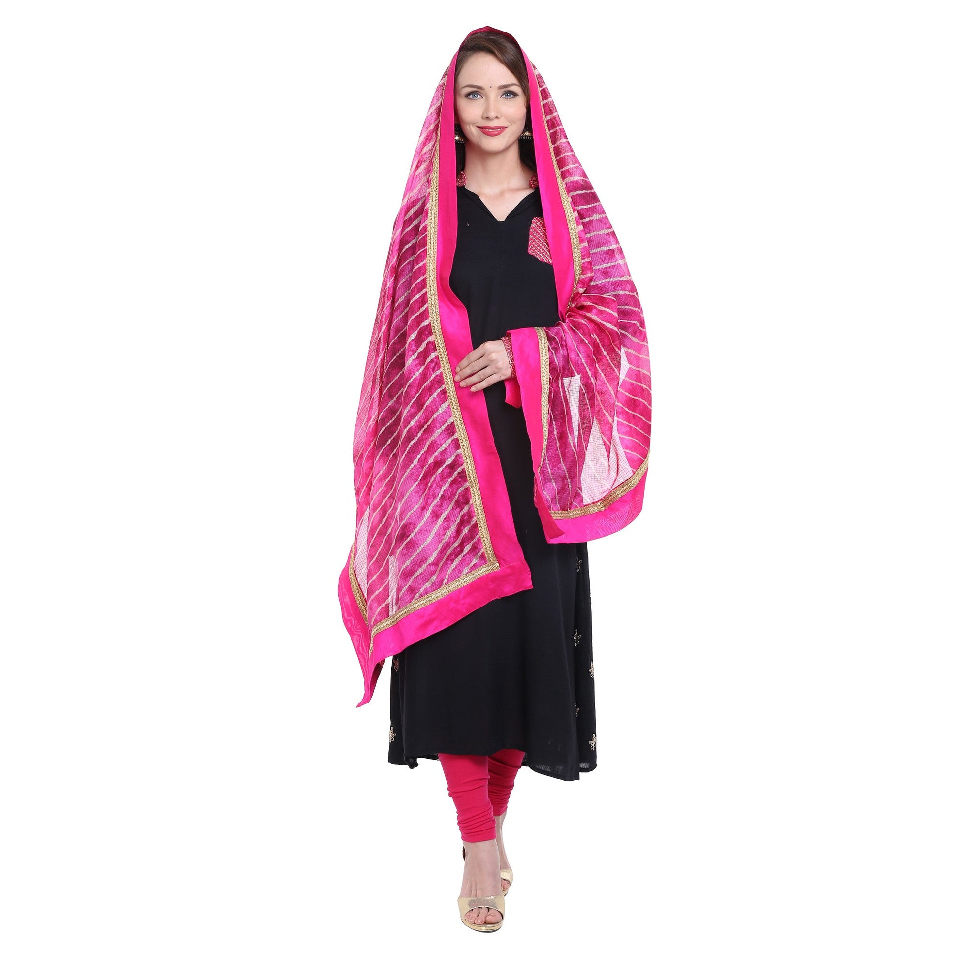Pink Kota Doria Leheria Dupatta - Dupatta Bazaar