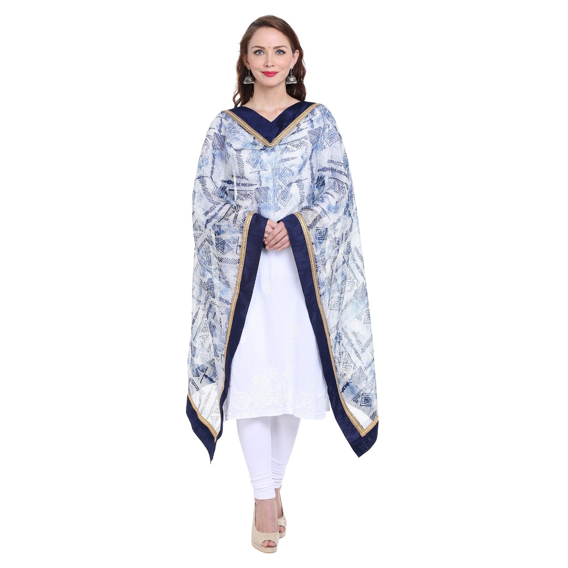 Printed Indigo Kota Doria Dupatta - Dupatta Bazaar
