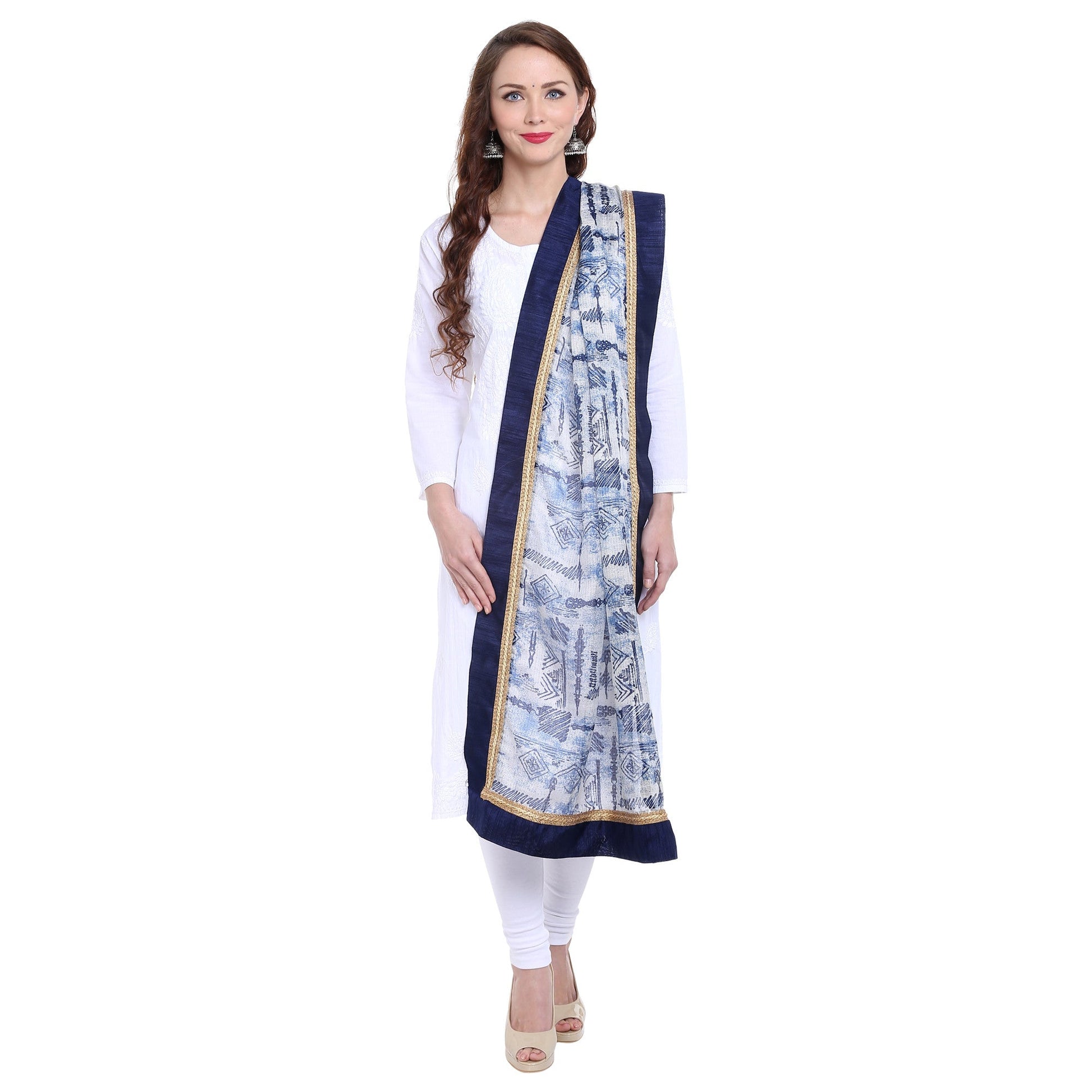 Printed Indigo Kota Doria Dupatta - Dupatta Bazaar