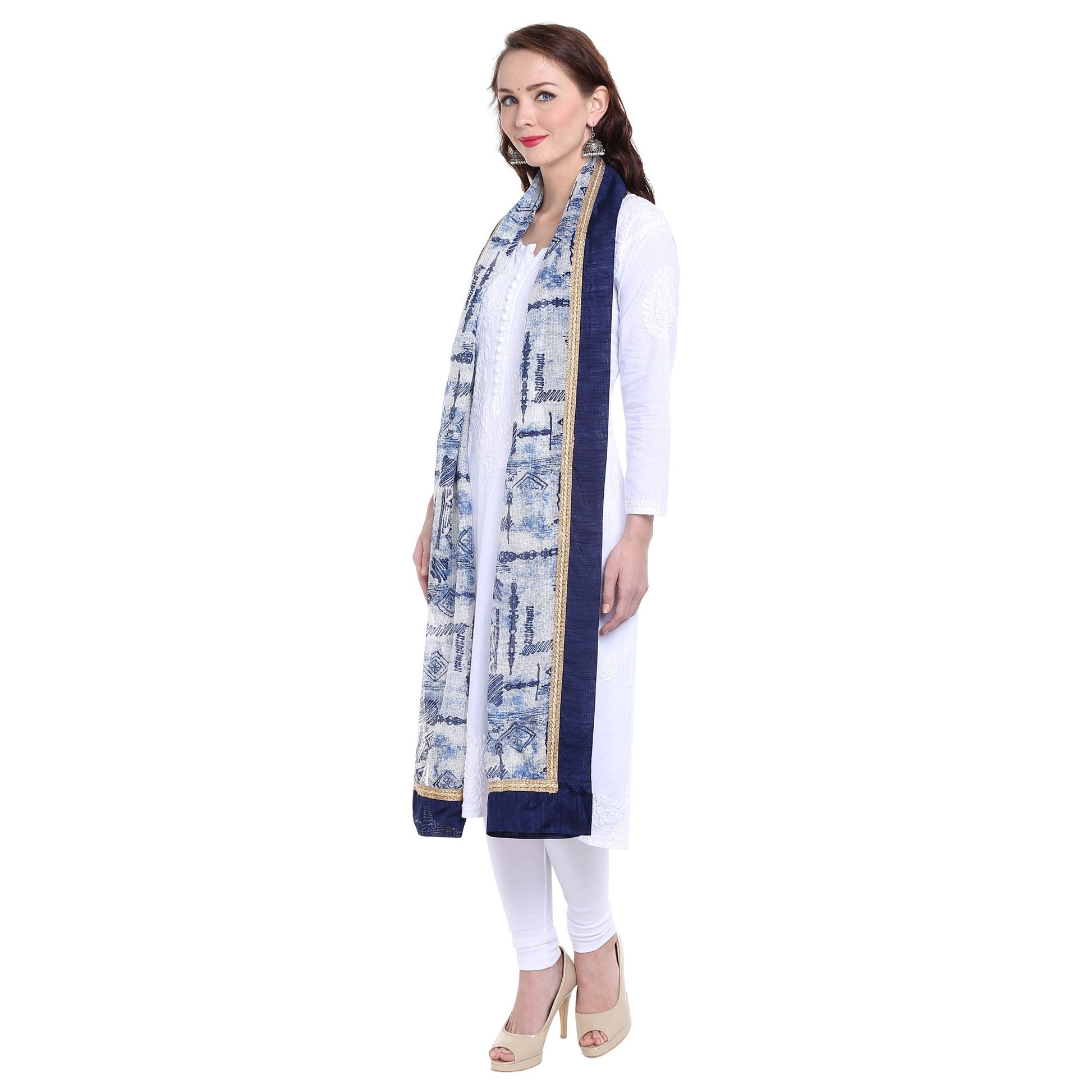 Printed Indigo Kota Doria Dupatta - Dupatta Bazaar