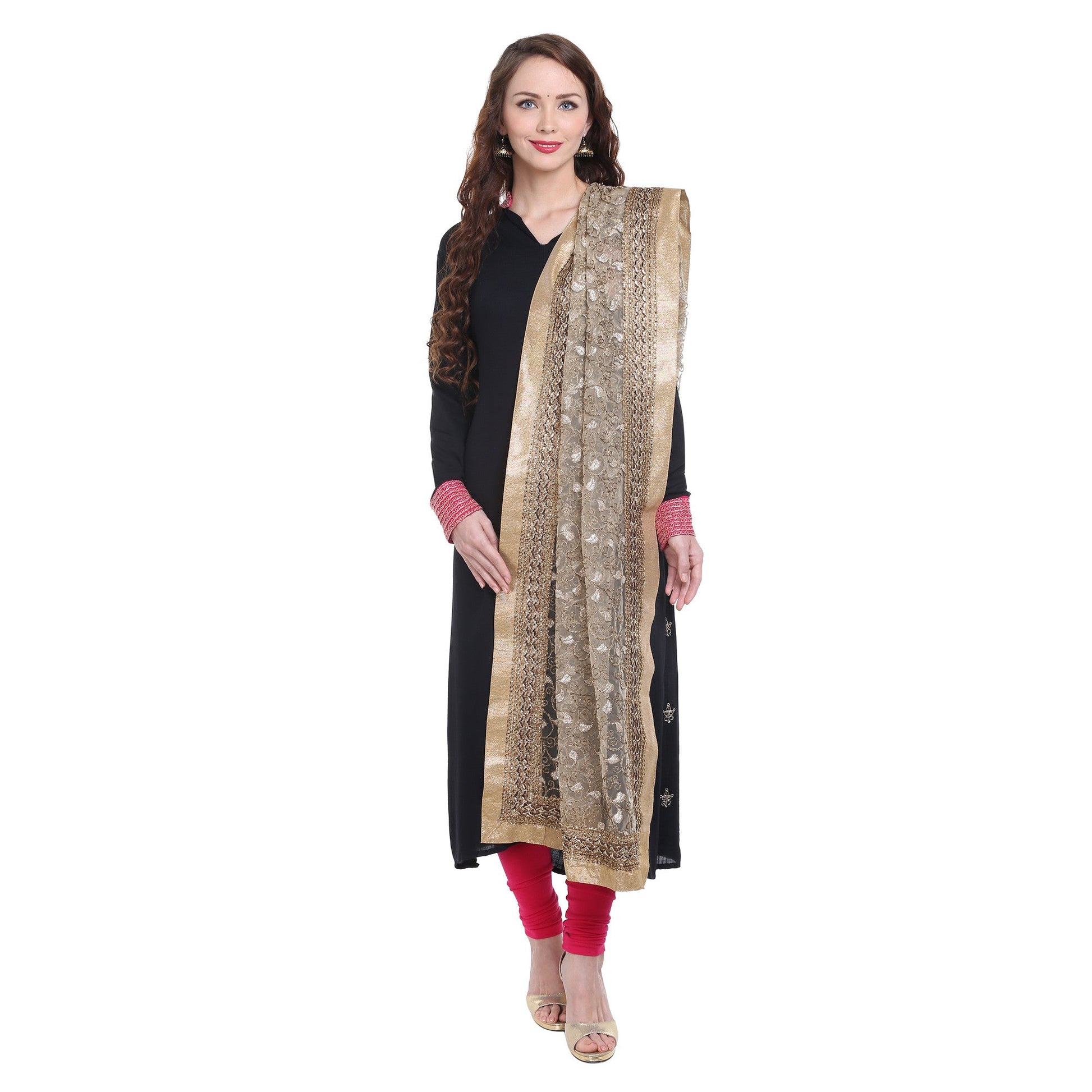 Embroidered Gold Net Dupatta - Dupatta Bazaar
