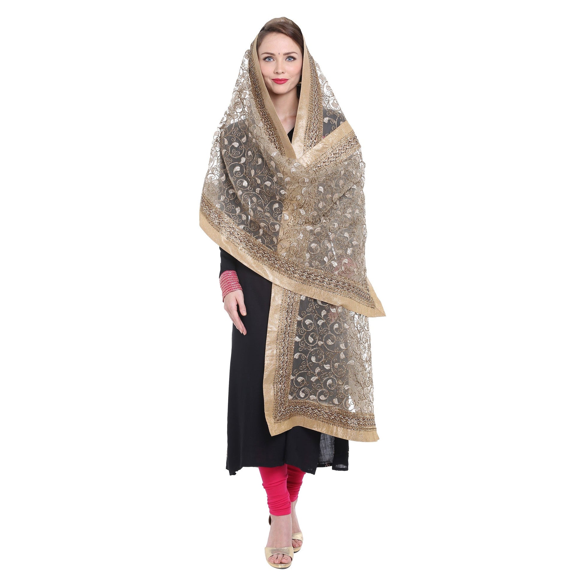Embroidered Gold Net Dupatta - Dupatta Bazaar