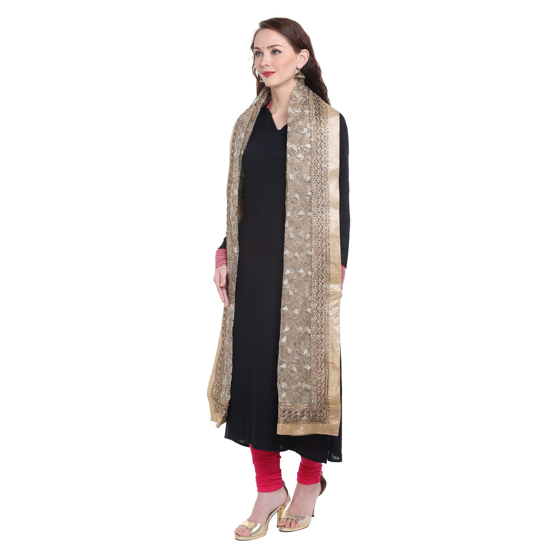 Embroidered Gold Net Dupatta - Dupatta Bazaar