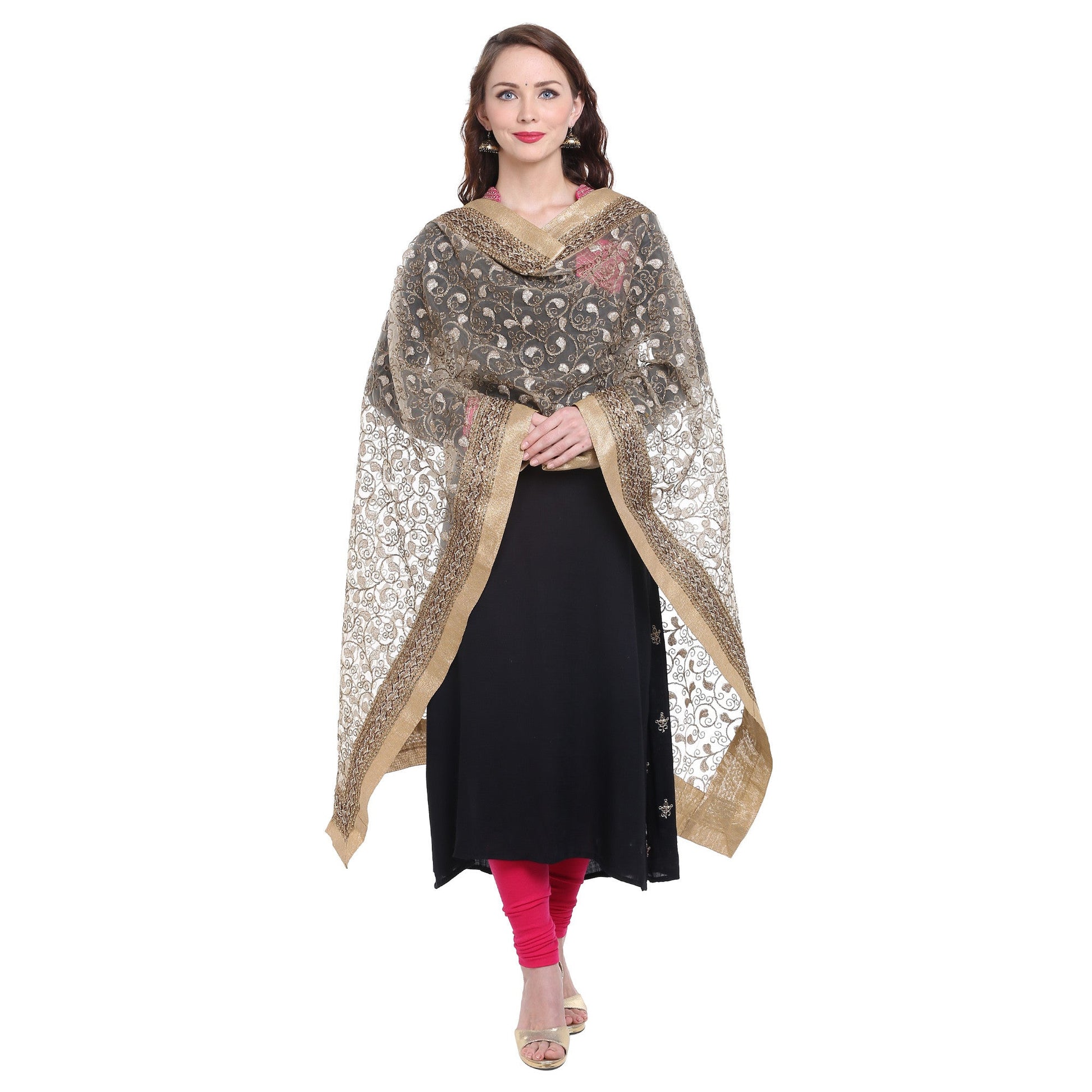 Embroidered Gold Net Dupatta - Dupatta Bazaar