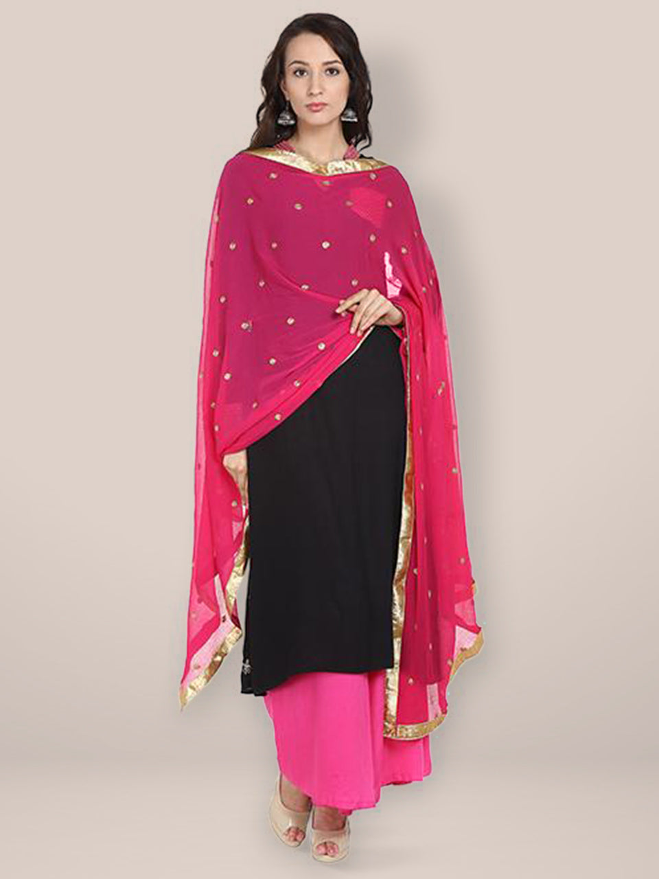 Pink & Gold Embroidered Chiffon Dupatta freeshipping - Dupatta Bazaar