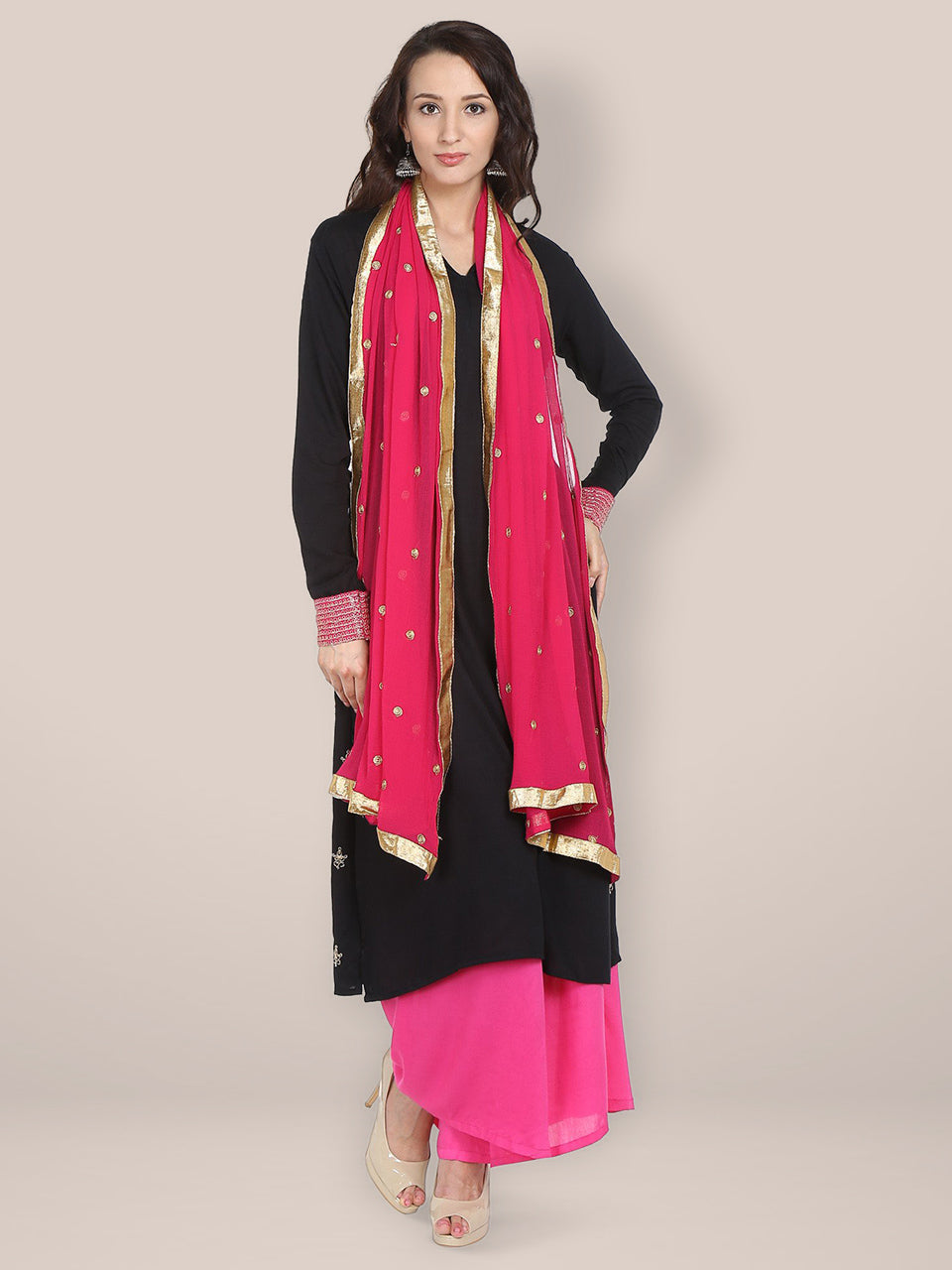 Pink & Gold Embroidered Chiffon Dupatta freeshipping - Dupatta Bazaar
