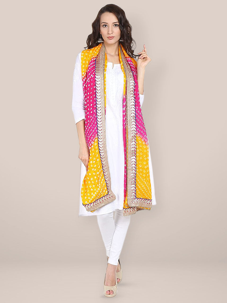 Pink & Yellow Bandhini Silk Dupatta freeshipping - Dupatta Bazaar