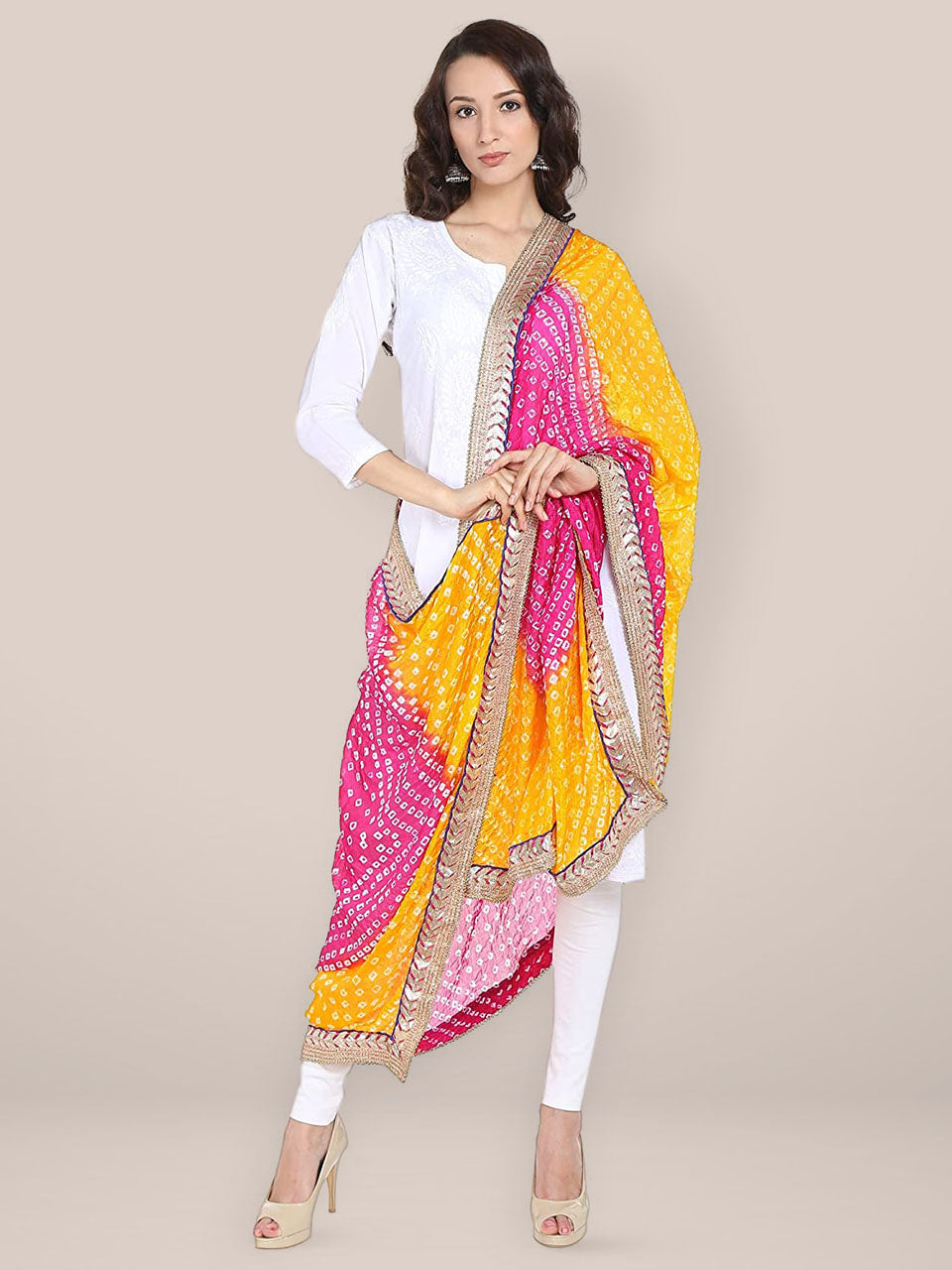 Pink & Yellow Bandhini Silk Dupatta freeshipping - Dupatta Bazaar
