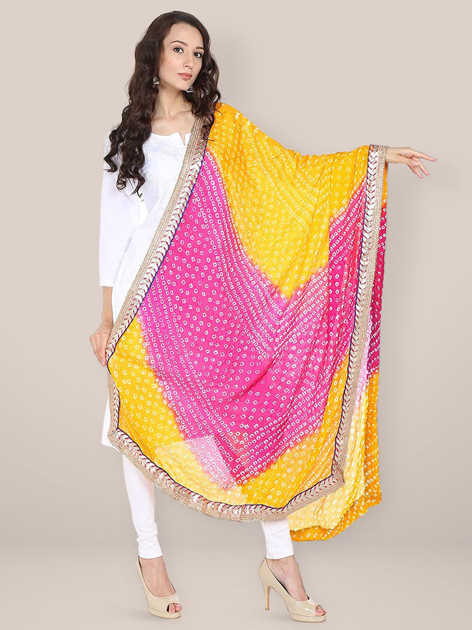Pink & Yellow Bandhini Silk Dupatta freeshipping - Dupatta Bazaar