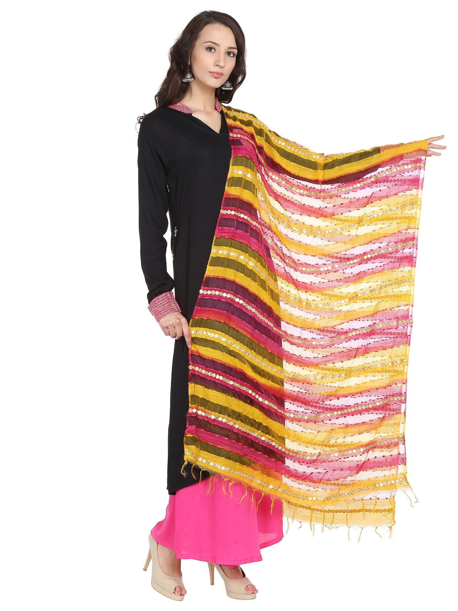 Dupatta Bazaar Woman's Pink & Yellow Gotta Patti Organza Dupatta - Dupatta Bazaar