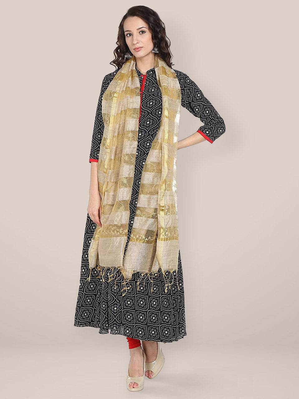 Beige Embroidered Striped Organza Dupatta freeshipping - Dupatta Bazaar