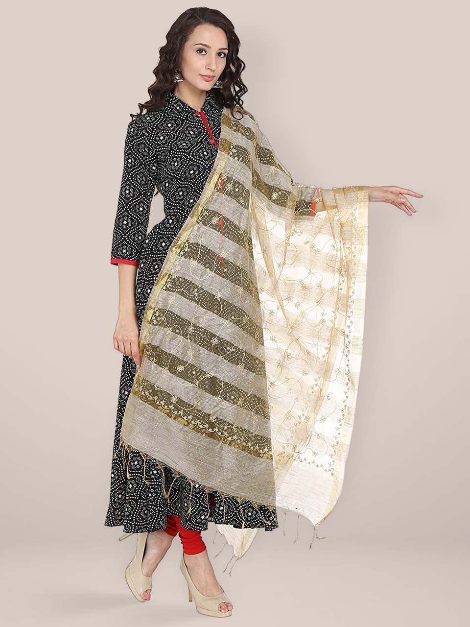Beige Embroidered Striped Organza Dupatta freeshipping - Dupatta Bazaar