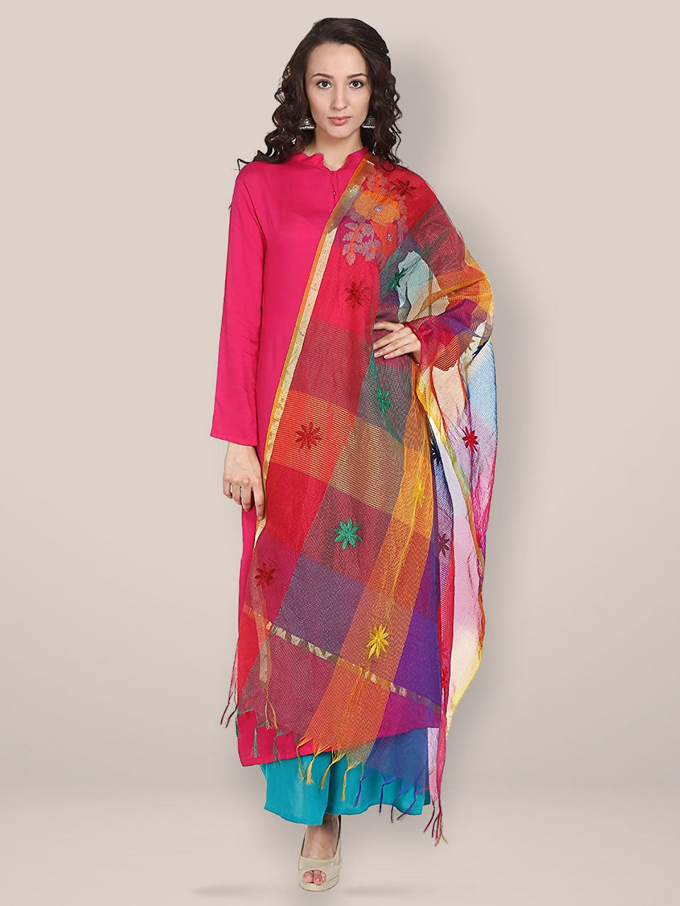 Multicoloured Embroidered Cotton Silk Blend Dupatta freeshipping - Dupatta Bazaar