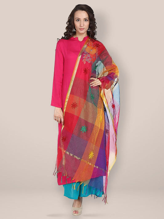 Multicoloured Embroidered Cotton Silk Blend Dupatta freeshipping - Dupatta Bazaar