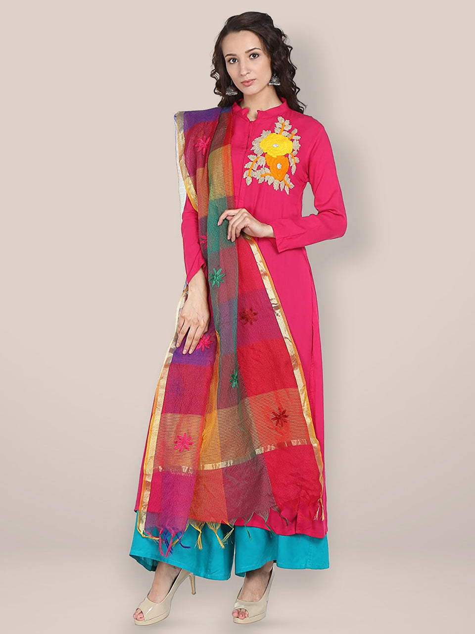 Multicoloured Embroidered Cotton Silk Blend Dupatta freeshipping - Dupatta Bazaar
