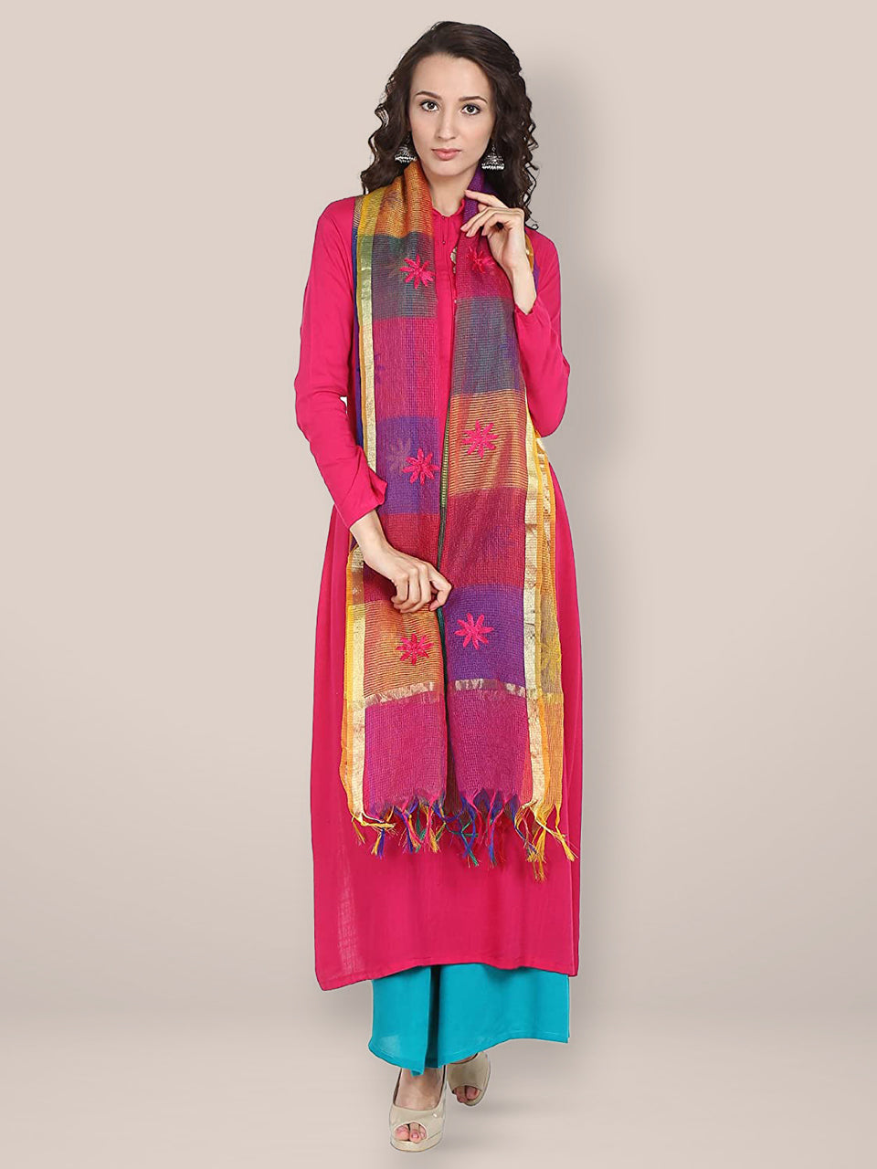 Multicoloured Embroidered Cotton Silk Blend Dupatta freeshipping - Dupatta Bazaar