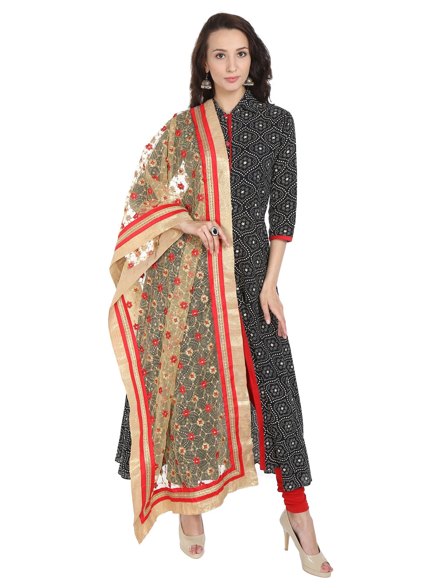 Dupatta Bazaar Women's Embroidered Gold & Red Net Dupatta/Wedding Dupatta - Dupatta Bazaar