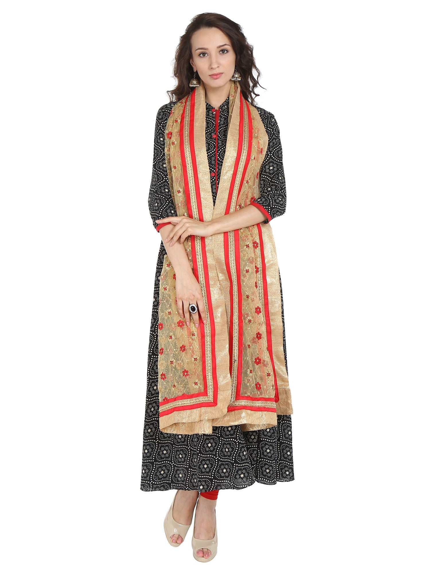 Dupatta Bazaar Women's Embroidered Gold & Red Net Dupatta/Wedding Dupatta - Dupatta Bazaar