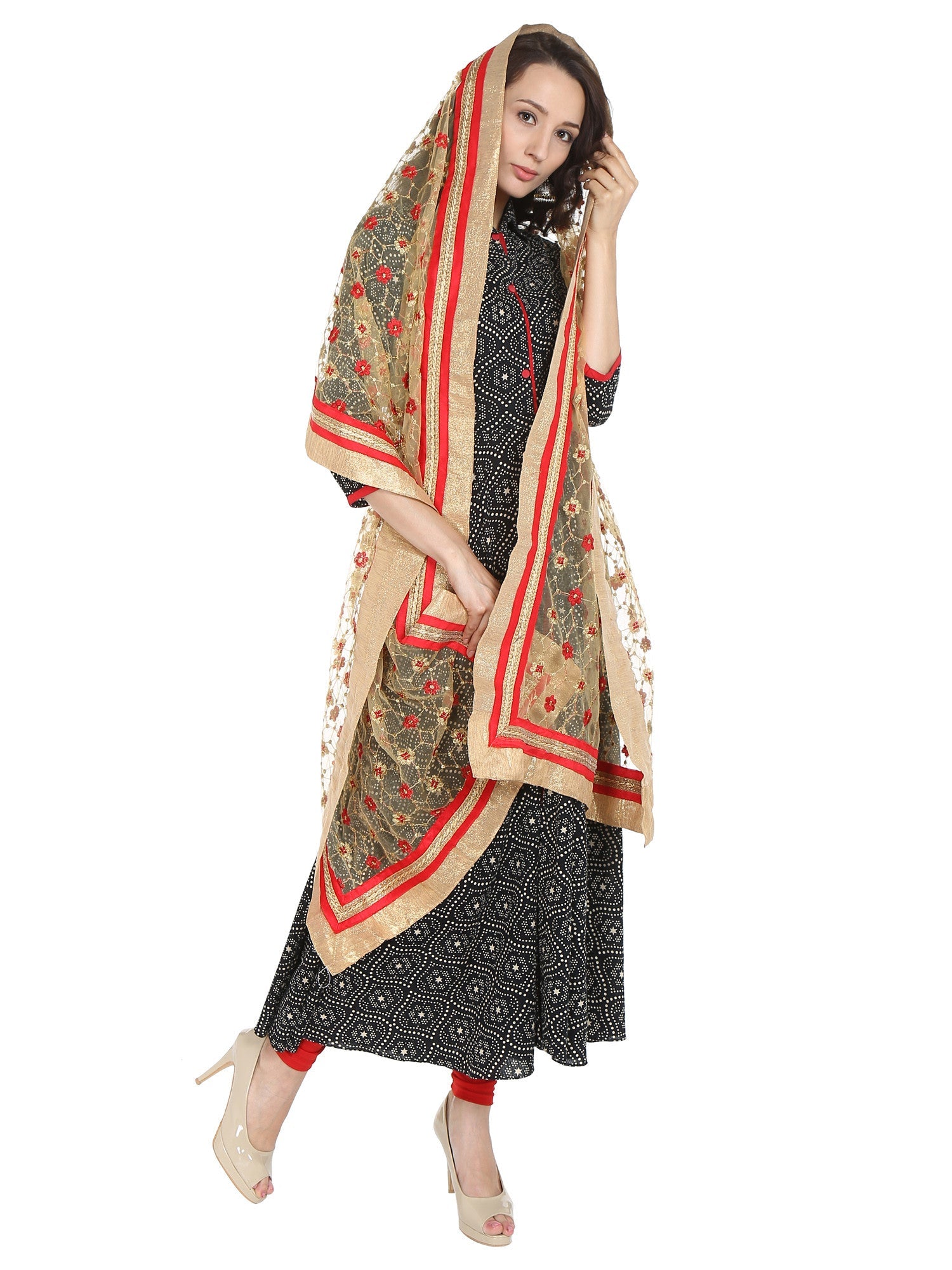Dupatta Bazaar Women's Embroidered Gold & Red Net Dupatta/Wedding Dupatta - Dupatta Bazaar