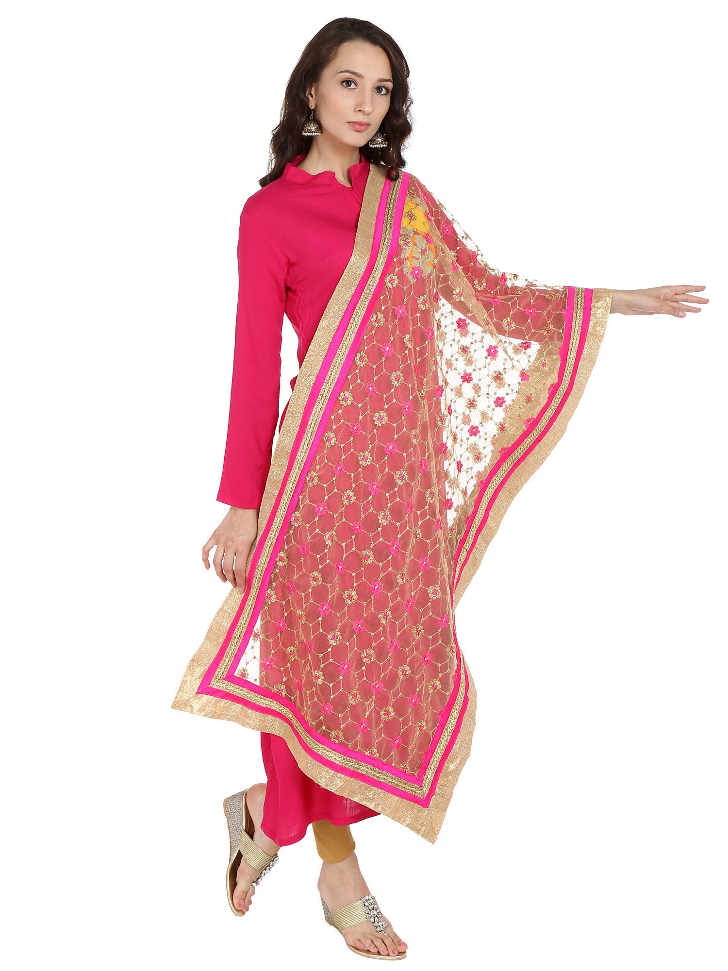 Dupatta Bazaar Women's Embroidered Gold & Pink Net Dupatta/Wedding Dupatta - Dupatta Bazaar