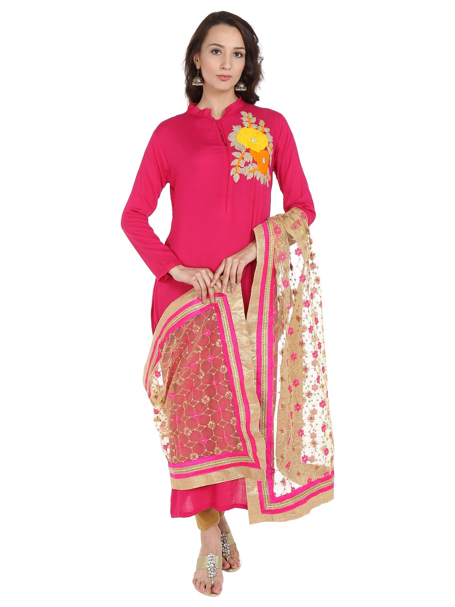 Dupatta Bazaar Women's Embroidered Gold & Pink Net Dupatta/Wedding Dupatta - Dupatta Bazaar