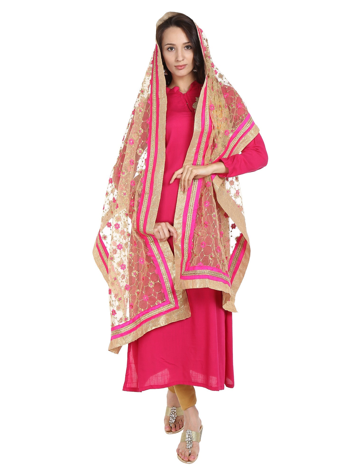 Dupatta Bazaar Women's Embroidered Gold & Pink Net Dupatta/Wedding Dupatta - Dupatta Bazaar