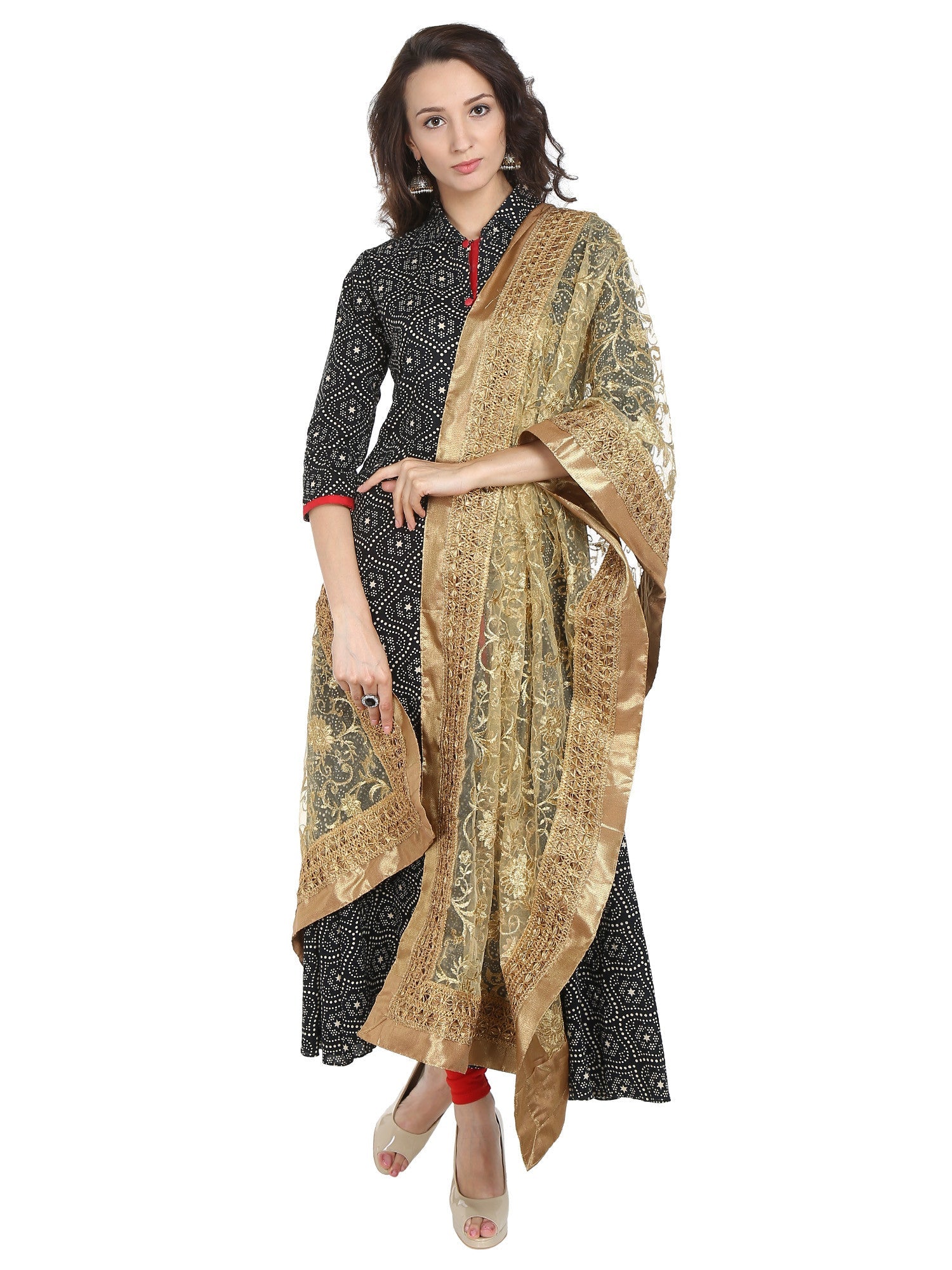 Dupatta Bazaar Women's Embroidered Gold Net Dupatta/Wedding Dupatta - Dupatta Bazaar
