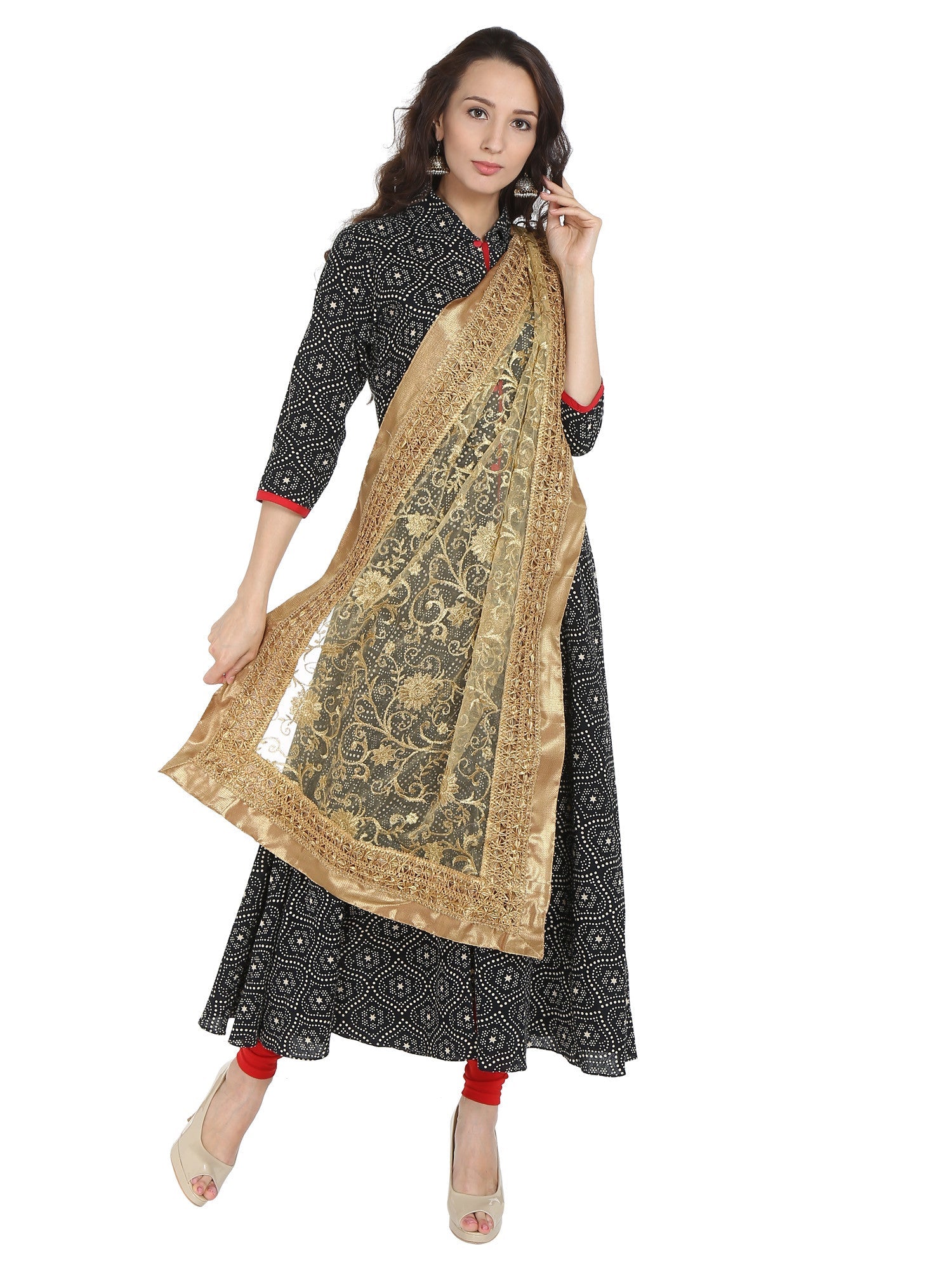 Dupatta Bazaar Women's Embroidered Gold Net Dupatta/Wedding Dupatta - Dupatta Bazaar