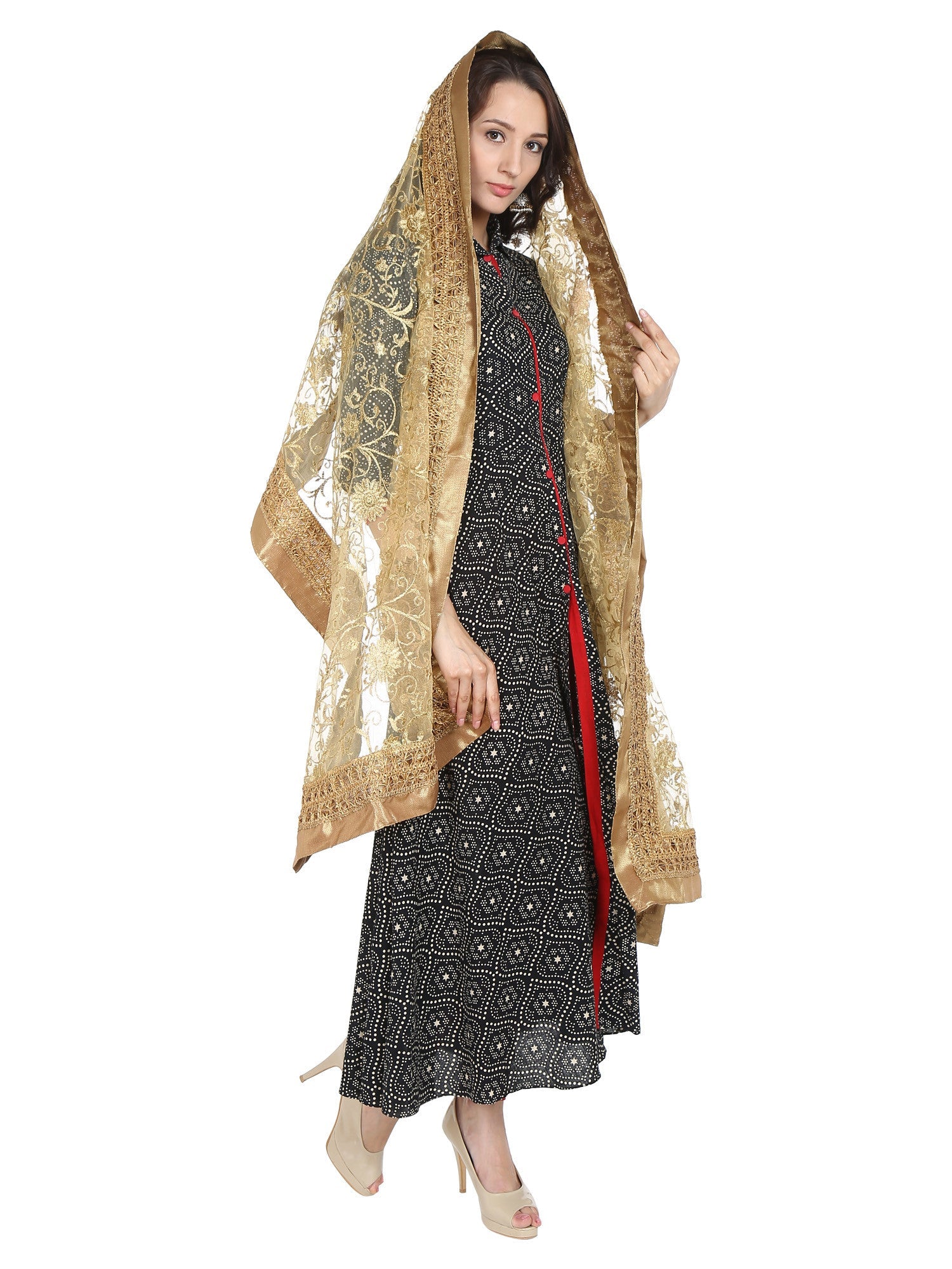 Dupatta Bazaar Women's Embroidered Gold Net Dupatta/Wedding Dupatta - Dupatta Bazaar