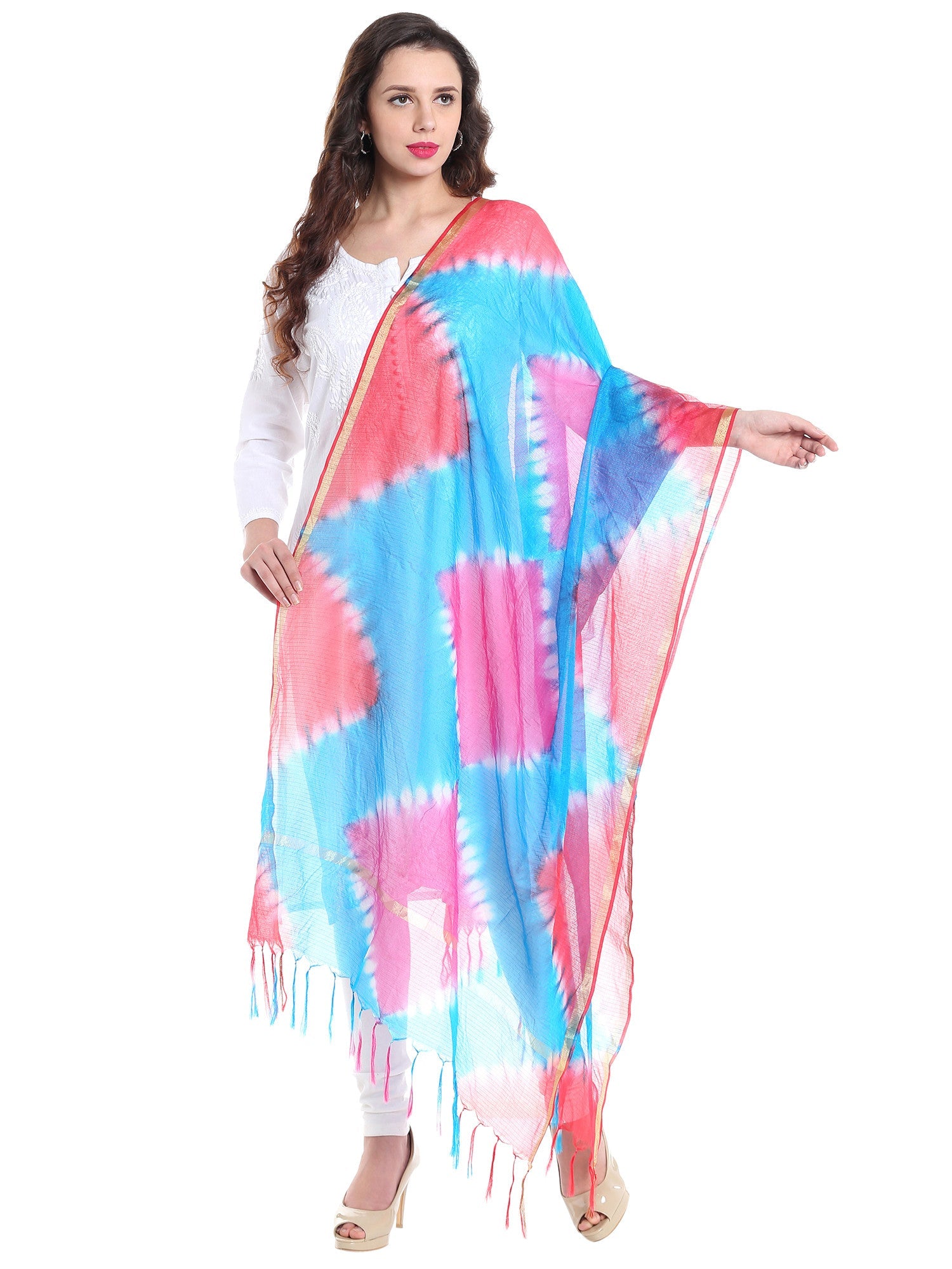 Dupatta Bazaar Woman's Rani Pink & Blue Kota Doria Dupatta - Dupatta Bazaar