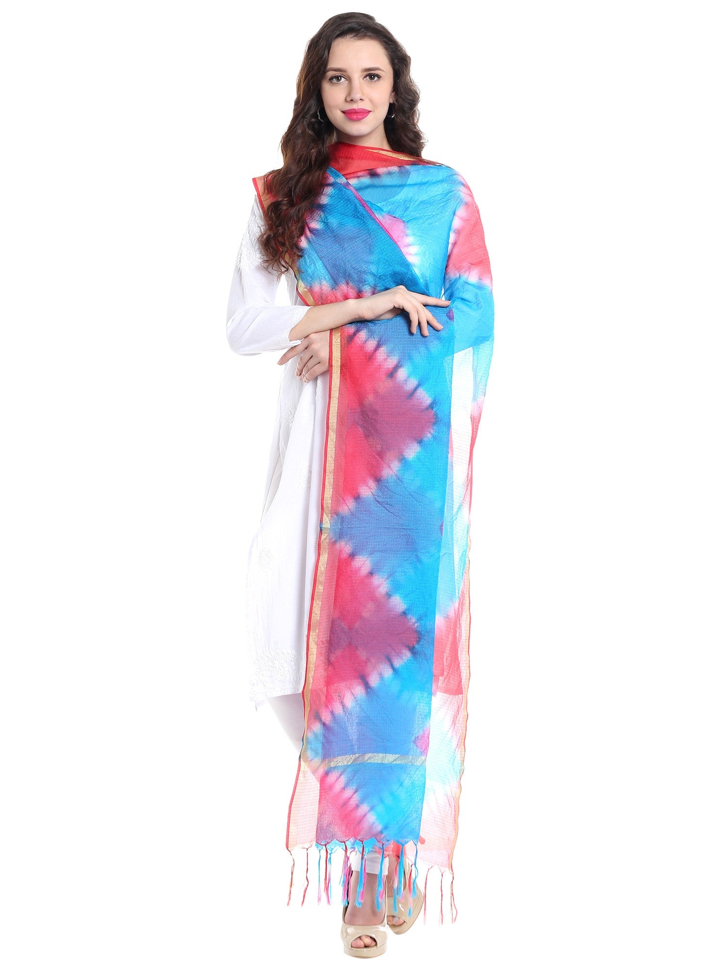 Dupatta Bazaar Woman's Rani Pink & Blue Kota Doria Dupatta - Dupatta Bazaar