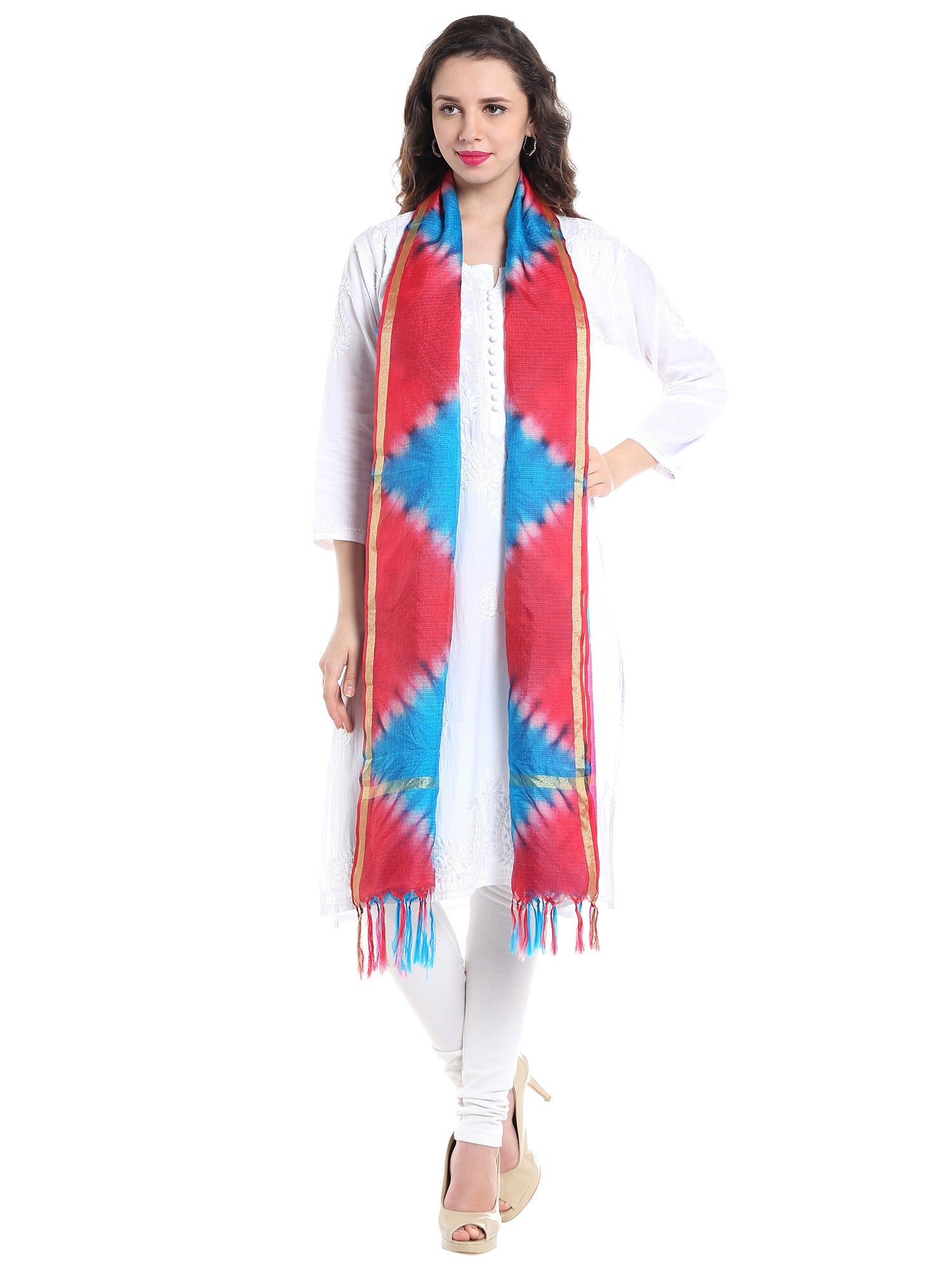 Dupatta Bazaar Woman's Rani Pink & Blue Kota Doria Dupatta - Dupatta Bazaar